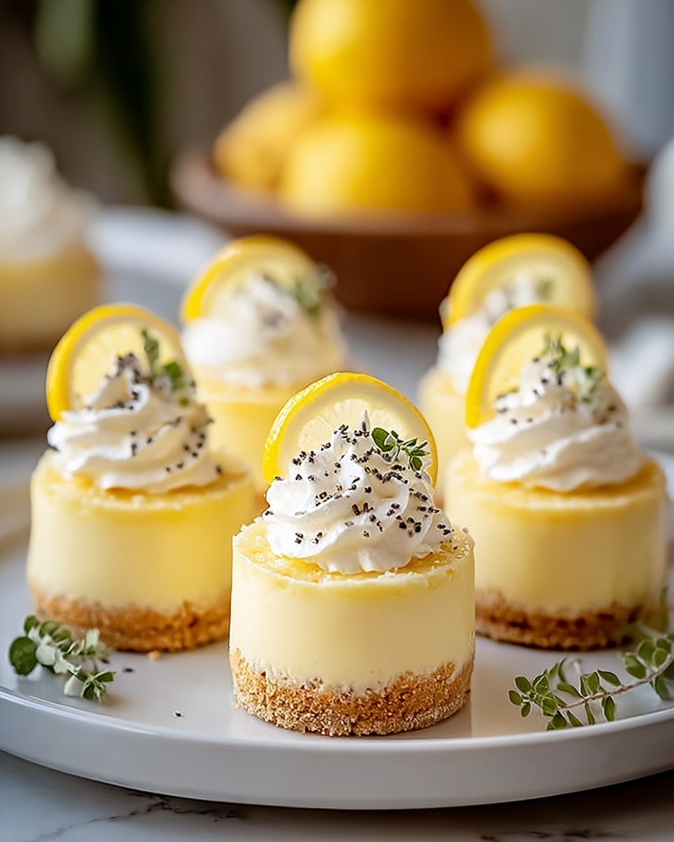 This image features a plate of elegant mini lemon cheesecakes, each with a smooth, creamy yellow layer atop a crumbly biscuit base. The cheesecakes are topped with dollops of whipped cream sprinkled with poppy seeds, garnished with thin slices of fresh lemon and small sprigs of greenery, adding a touch of color and freshness. In the softly blurred background, a bowl filled with whole lemons further emphasizes the citrus theme. The overall presentation is bright and inviting, perfect for a light dessert or special occasion treat. photo taken with an iPhone --ar 4:5 --v 7