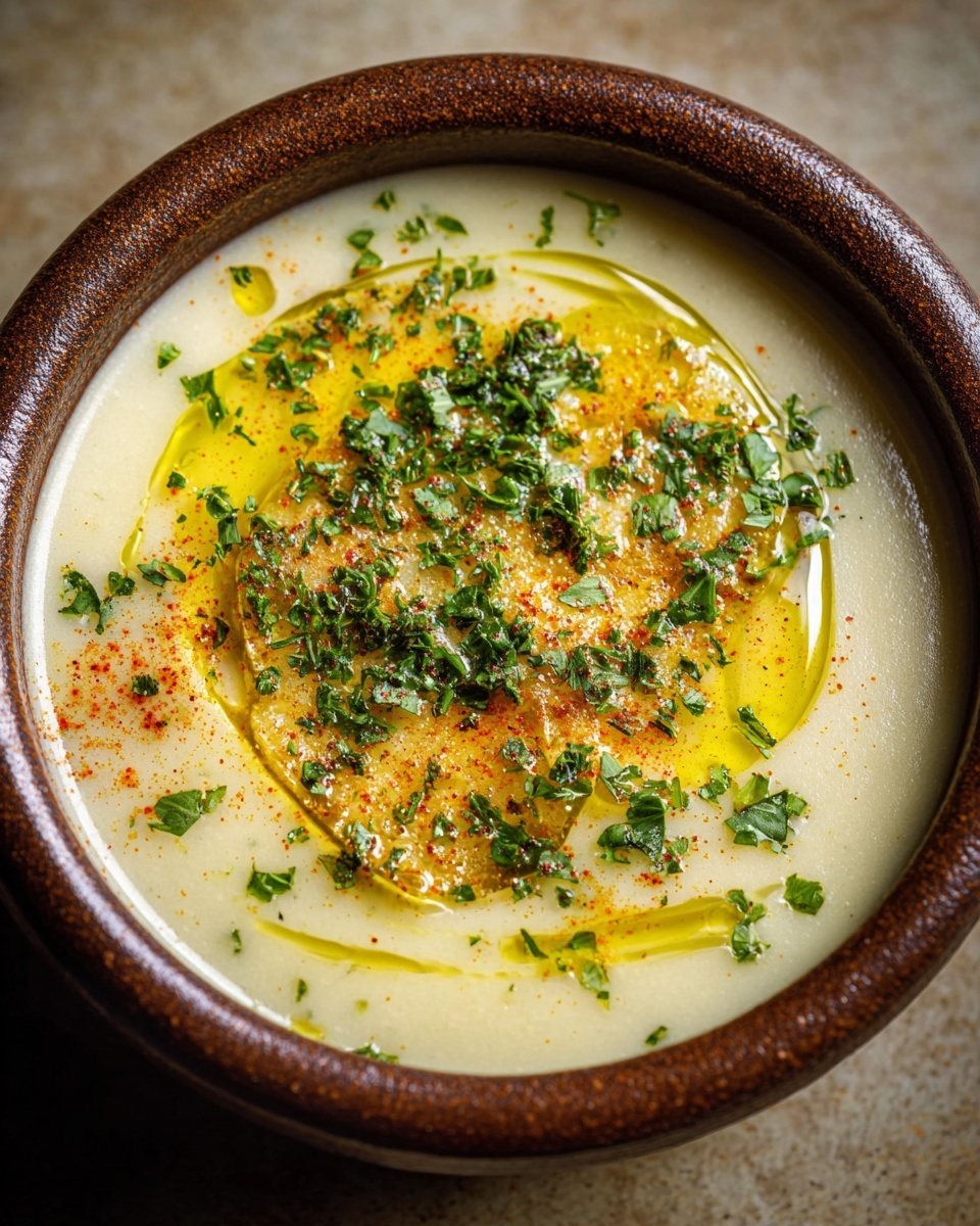 The image shows a bowl of creamy soup garnished with a drizzle of olive oil, finely chopped fresh herbs, and a sprinkle of paprika or chili powder, adding vibrant green and red hues on top of the smooth, pale base. The soup is served in a rustic brown bowl, which contrasts nicely with the light color of the soup, creating an inviting and appetizing presentation. The texture looks velvety and well-blended, suggesting a rich and flavorful dish perfect for a cozy meal. photo taken with an iPhone --ar 4:5 --v 7