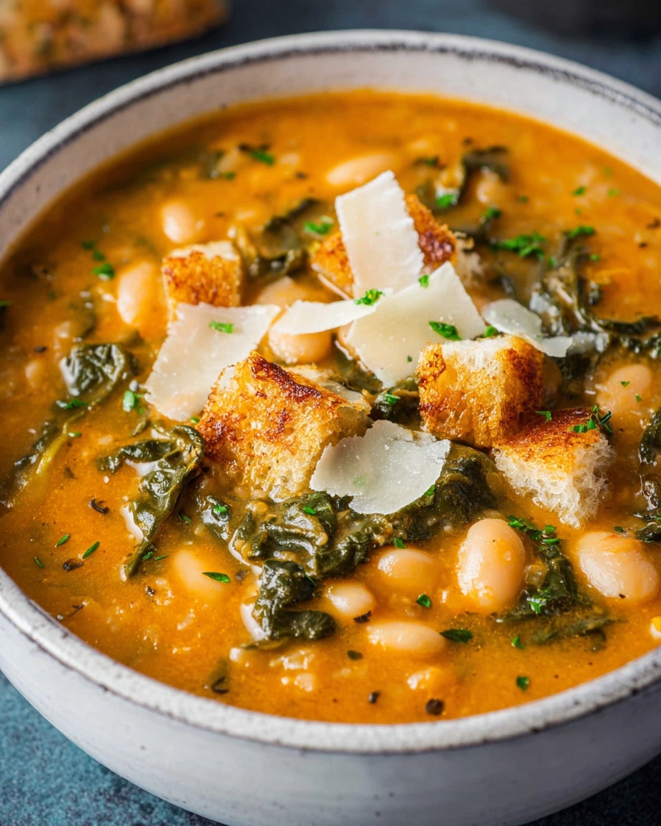 The image shows a hearty bowl of creamy soup, rich in texture and vibrant orange color, studded with chunks of tender white beans and leafy greens. The soup is garnished with toasted croutons, thin shavings of parmesan cheese, and a sprinkle of fresh herbs, adding layers of flavor and texture to the dish. The combination of ingredients suggests a comforting, wholesome meal perfect for a cozy day. Photo taken with an iPhone --ar 4:5 --v 7
