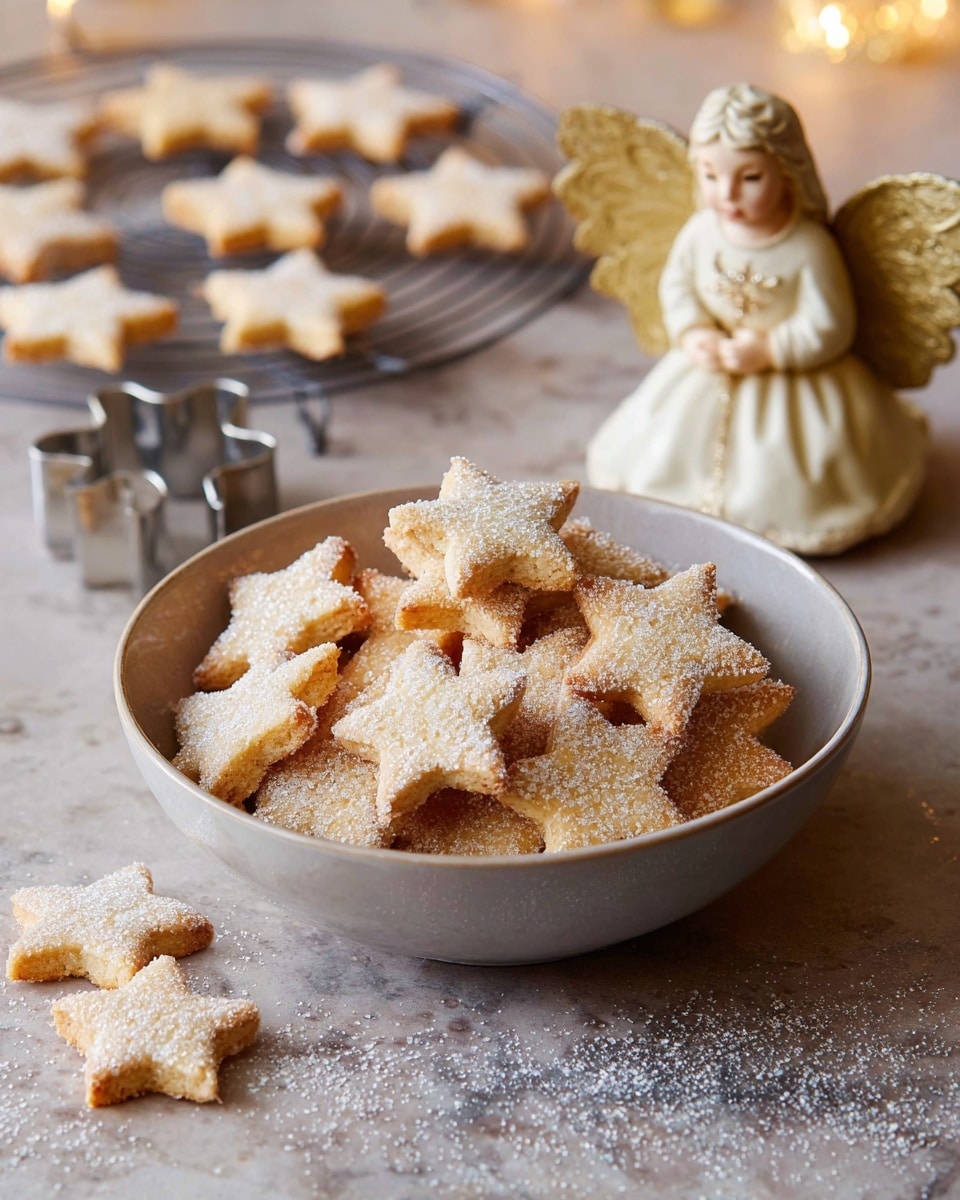 The image shows a bowl filled with star-shaped cookies lightly sprinkled with sugar, giving them a delicate, sparkling appearance. In the background, more star-shaped cookies rest on a cooling rack, suggesting a freshly baked batch. A small metallic star-shaped cookie cutter lies nearby on the countertop, hinting at the preparation process. Adding a touch of festive charm, a cream-colored angel figurine with golden wings is positioned near the bowl, contributing to the cozy and holiday-inspired setting. The overall presentation is warm and inviting, perfect for a festive occasion. photo taken with an iPhone --ar 4:5 --v 7