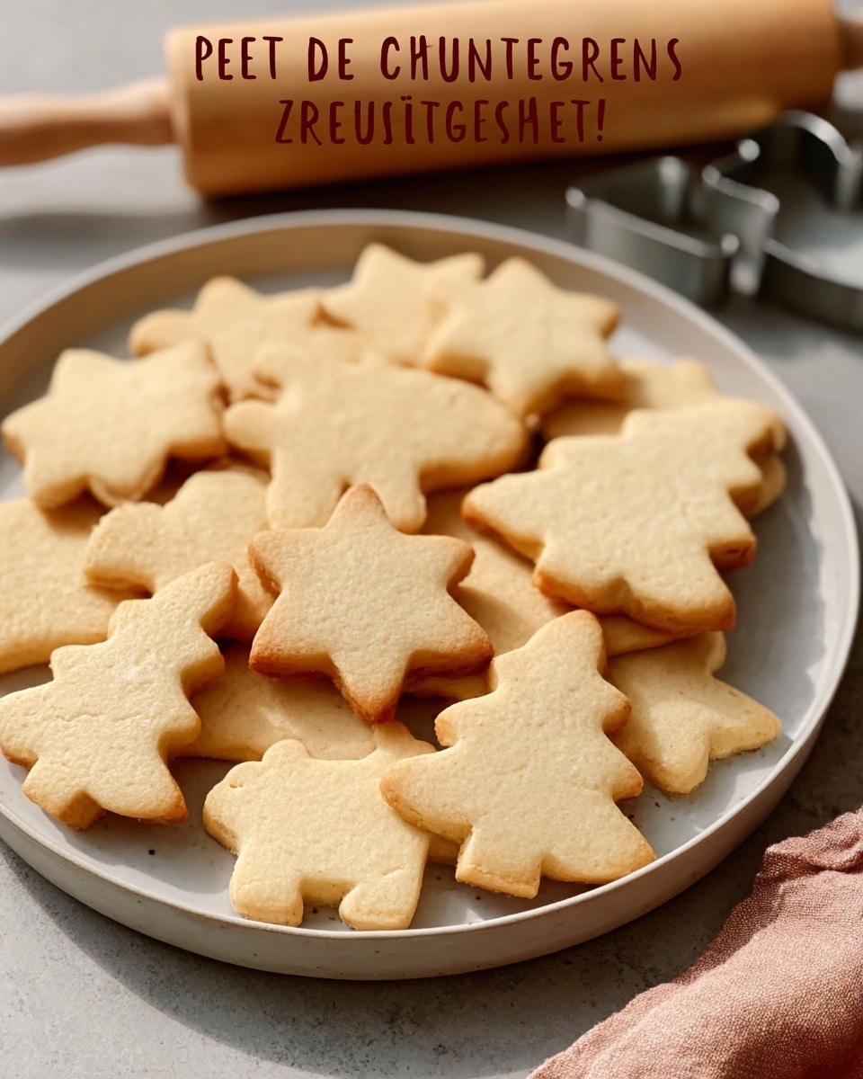 The image showcases a plate filled with freshly baked sugar cookies in festive shapes, including Christmas trees, stars, and possibly animals, all with a golden-brown edge indicating a perfect bake. The cookies are slightly thick with a smooth surface, suggesting a tender and buttery texture typical of basic rolled cookie dough. In the background, a rolling pin and cookie cutters hint at the homemade preparation process, evoking a cozy, holiday baking atmosphere. The overall presentation is simple yet inviting, highlighting the classic comfort of traditional sugar cookies made from a tried-and-true recipe. Photo taken with an iPhone --ar 4:5 --v 7