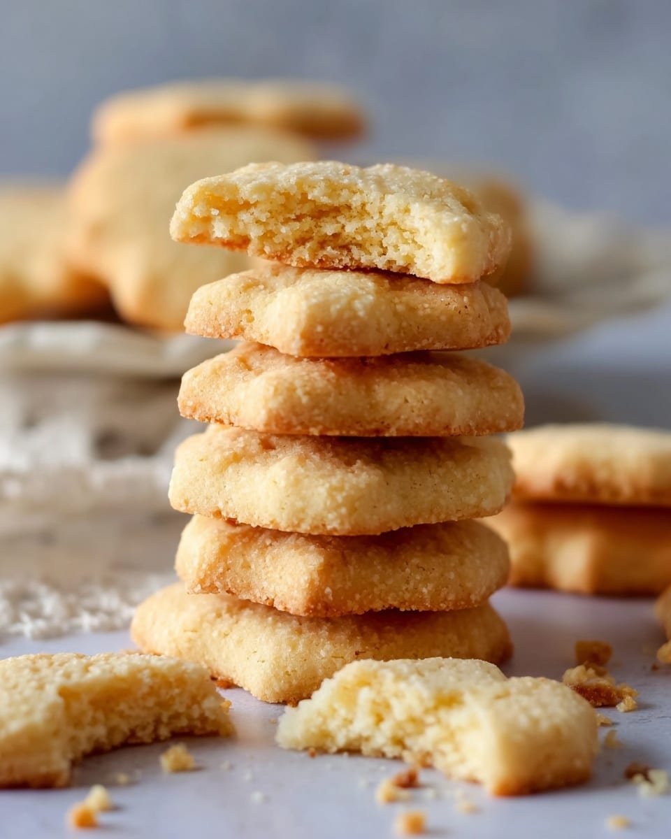The image shows a stack of golden-brown, buttery cookies with a slightly crumbly texture. The top cookie is broken in half, revealing a soft, airy interior. Additional cookies and crumbs are scattered around the stack on a light-colored surface, with a blurred plate of more cookies in the background, highlighting the homemade and inviting nature of the treat. photo taken with an iPhone --ar 4:5 --v 7