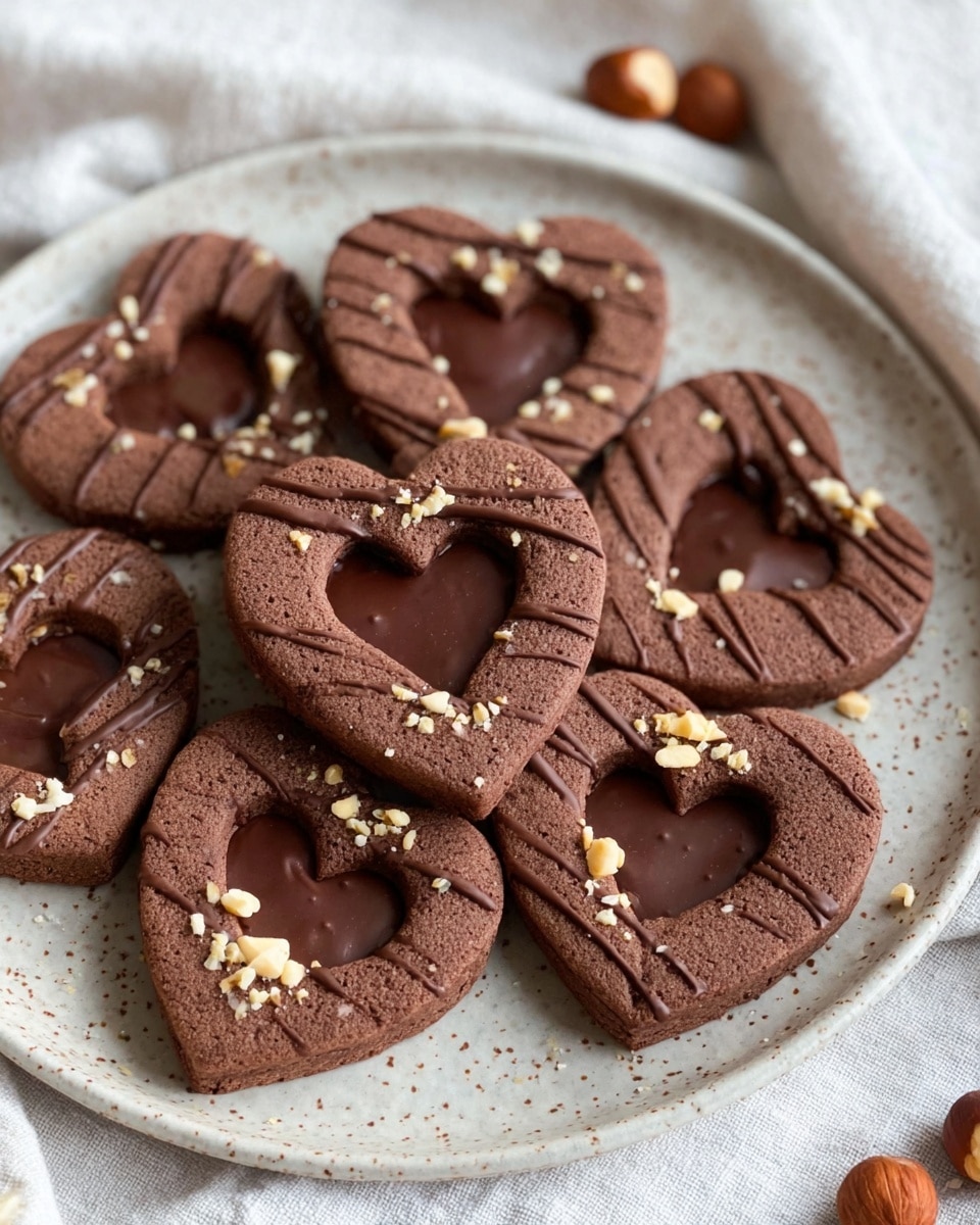 The image shows a plate of heart-shaped chocolate cookies, each adorned with a smaller heart cutout in the center filled with smooth chocolate. The cookies are decorated with drizzles of dark chocolate and sprinkled with crushed nuts, adding texture and visual appeal. The light-colored speckled ceramic plate contrasts nicely with the rich brown tones of the cookies, while hazelnuts scattered around the plate enhance the cozy and inviting presentation. The background features a soft white cloth, contributing to a warm and homely feel. photo taken with an iPhone --ar 4:5 --v 7