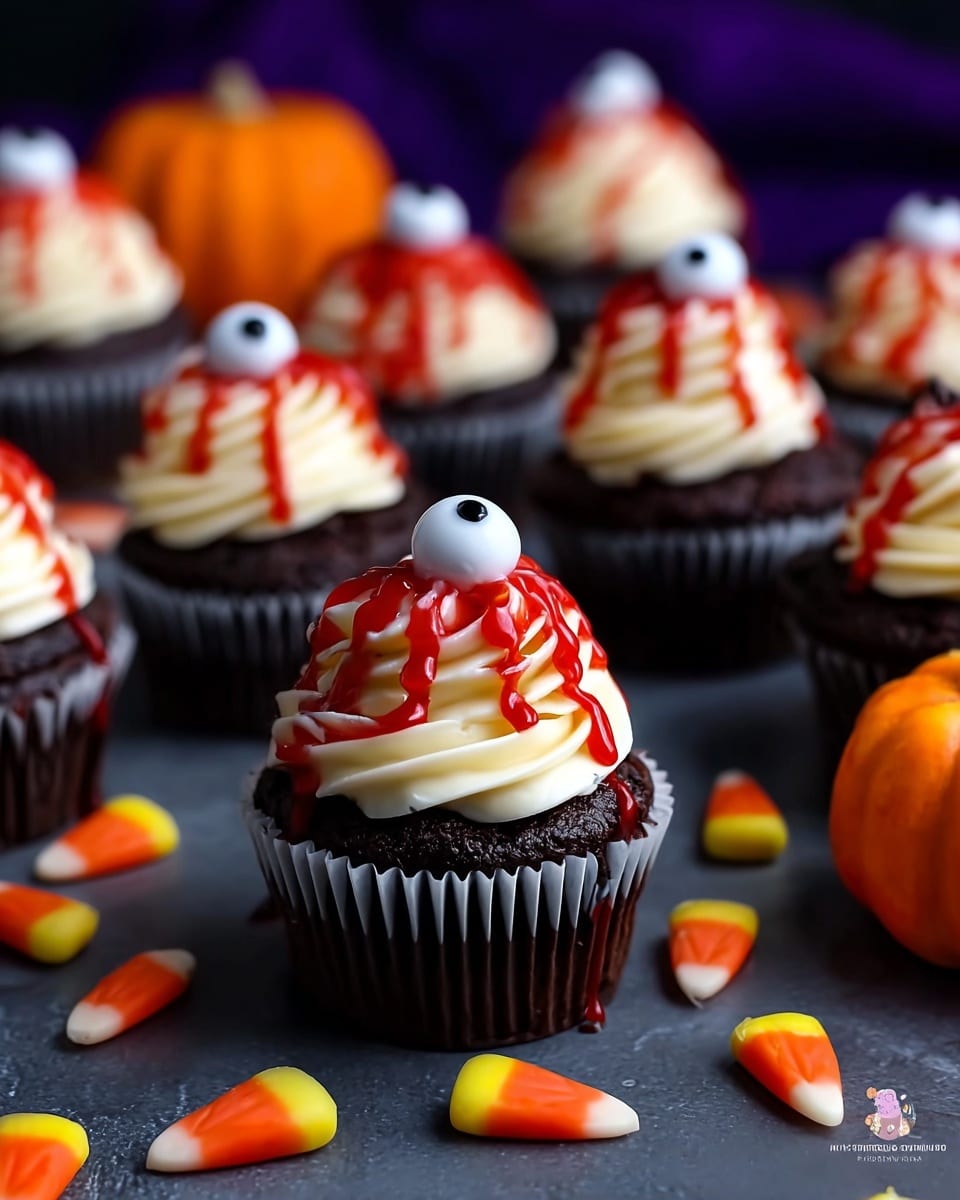 The image showcases a spooky Halloween-themed display of chocolate cupcakes topped with swirls of creamy white frosting, each adorned with a single edible eyeball decoration and drizzled with red syrup to mimic blood. The cupcakes are surrounded by candy corn pieces and small pumpkin decorations, enhancing the festive and eerie vibe perfect for a Halloween celebration. The dark background and vibrant colors make the treats stand out even more. photo taken with an iPhone --ar 4:5 --v 7