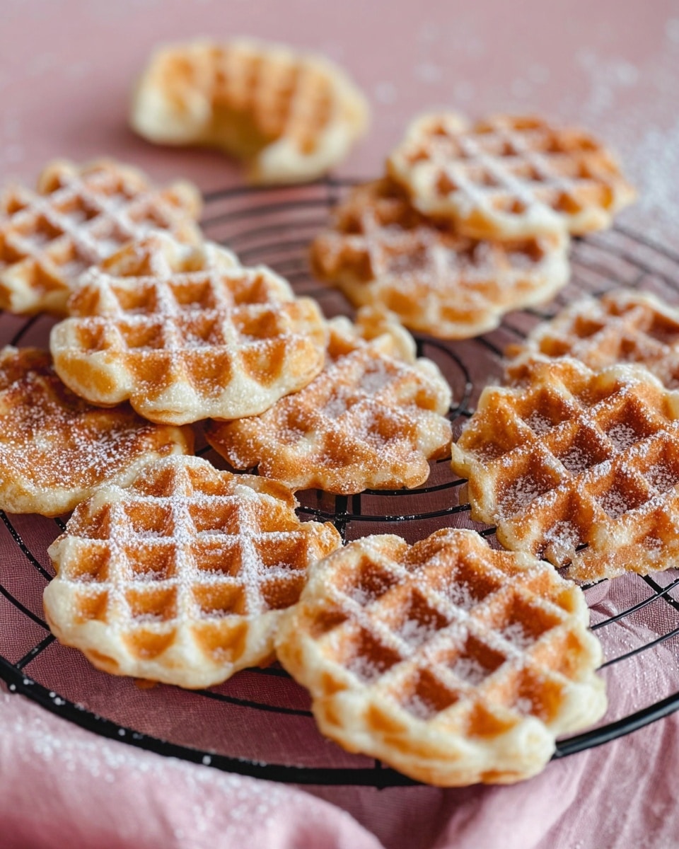 The image shows a collection of small, round waffles with a golden-brown color, arranged on a black wire cooling rack. The waffles have a classic grid pattern and are lightly dusted with powdered sugar, enhancing their appealing texture and giving them a delicate finish. The setting includes a soft pink cloth underneath the rack, adding a subtle touch of color to the composition. One waffle in the background is partially eaten, offering a glimpse of the soft interior. The overall presentation is simple yet inviting, making these waffles look freshly baked and ready to enjoy. photo taken with an iPhone --ar 4:5 --v 7