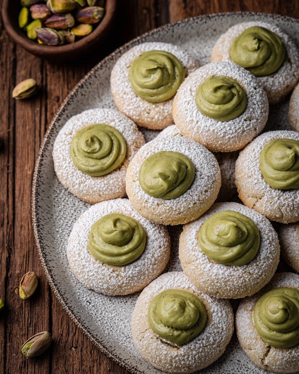 The image shows a batch of round cookies dusted with powdered sugar, each topped with a generous swirl of smooth, green pistachio cream in the center. The cookies are arranged neatly on a rustic wooden surface and a textured plate, with some whole pistachios visible in a small bowl nearby, hinting at the main flavor ingredient. The cookies have a soft, delicate appearance, suggesting a melt-in-the-mouth texture, complemented perfectly by the rich pistachio filling. photo taken with an iPhone --ar 4:5 --v 7