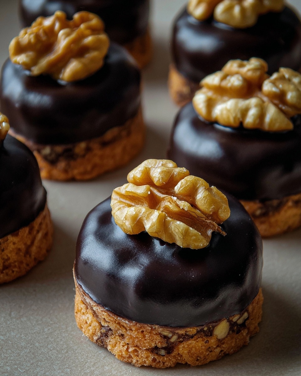The image shows small, elegant pastries featuring a crumbly base topped with a layer of dark chocolate, which has a slightly glossy appearance. Each pastry is crowned with a whole walnut piece, adding a rustic touch and hinting at a delightful combination of crunchy texture and rich flavors. The close-up composition highlights the contrast between the smooth chocolate coating and the intricate details of the walnut halves, making the treats look irresistibly inviting. photo taken with an iPhone --ar 4:5 --v 7