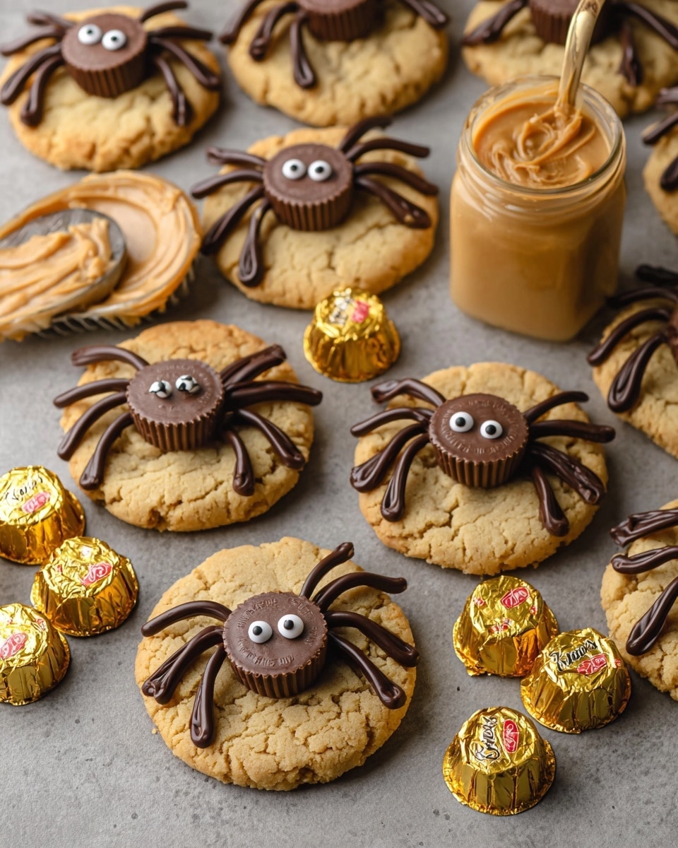 The image features a batch of creatively decorated peanut butter cookies, each topped with a mini peanut butter cup positioned as the body of a spider. The spider legs are drawn with chocolate icing, and candy eyes are added for a playful touch. Surrounding the cookies are several unwrapped and wrapped mini peanut butter cups in festive gold foil. A spoon coated with peanut butter rests nearby, enhancing the theme and ingredients of the treats. The overall presentation is fun and perfect for a Halloween or themed gathering. photo taken with an iPhone --ar 4:5 --v 7