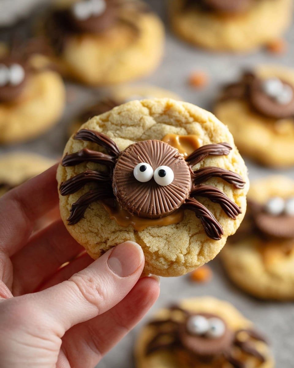 The image shows a close-up of a hand holding a soft, golden-brown cookie decorated with a chocolate peanut butter cup placed upside down in the center, resembling a spider's body. The spider's legs are drawn with chocolate icing extending from the peanut butter cup, and two candy eyes are attached to complete the spider look, giving the cookie a whimsical and festive appearance. In the background, more similarly decorated spider cookies are slightly out of focus, creating a cozy and playful Halloween-themed vibe. Photo taken with an iPhone --ar 4:5 --v 7