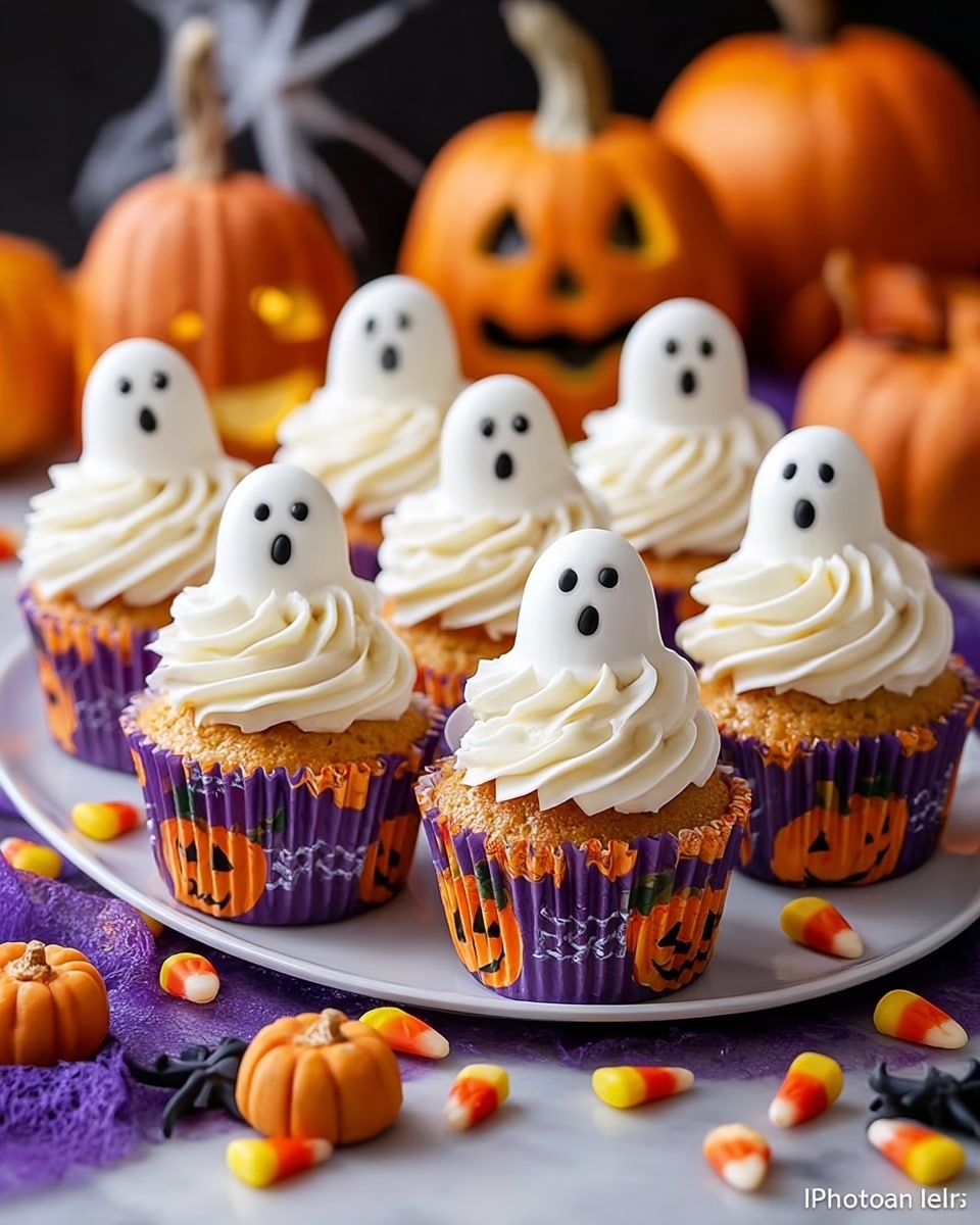The image shows a festive tray of Halloween-themed cupcakes decorated with swirls of white frosting shaped like little ghosts, each with black eyes and mouths made from icing or candy. The cupcakes are wrapped in purple liners featuring orange pumpkin prints, enhancing the spooky holiday vibe. Surrounding the cupcakes are small pumpkins, candy corn, and jack-o'-lantern decorations, creating a cheerful and spooky atmosphere perfect for a Halloween celebration. Photo taken with an iPhone --ar 4:5 --v 7