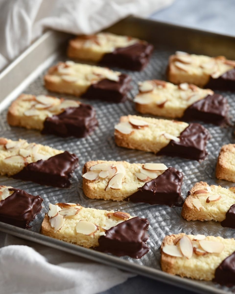 The image shows a tray of rectangular almond cookies, each half dipped in glossy dark chocolate. The cookies have a light golden color with visible sliced almonds embedded on top, arranged neatly in rows on a textured metal baking sheet. The contrast between the creamy almond surface and the rich chocolate coating creates an appealing and elegant presentation. The background features a soft white cloth, adding a cozy and inviting touch to the scene. photo taken with an iPhone --ar 4:5 --v 7