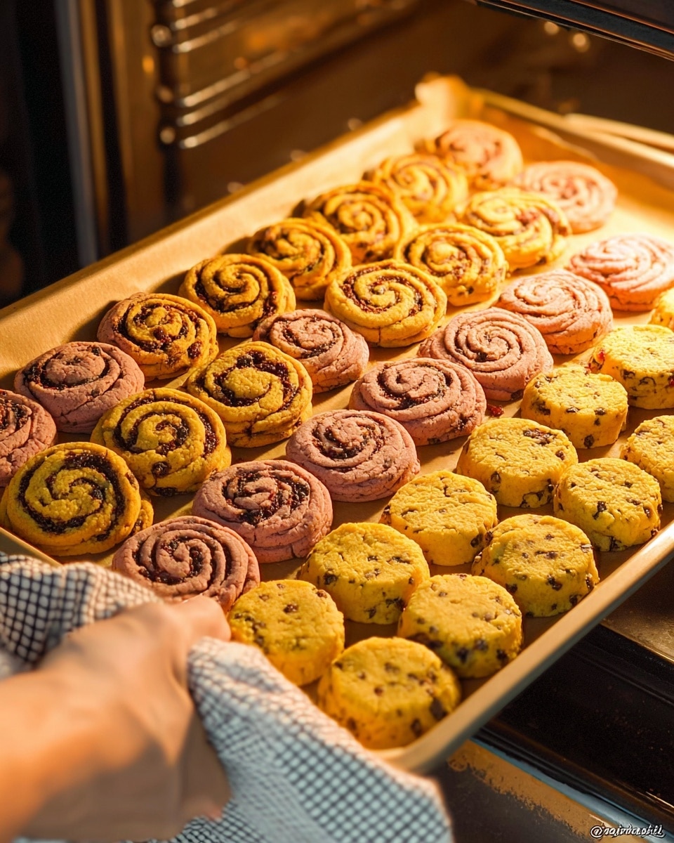 The image shows a baking tray filled with an assortment of cookies just taken out of the oven. The cookies come in three distinct varieties: spiral-shaped cookies with a darker swirl pattern, pinkish cookies studded with chocolate chips or dried fruit, and yellow cookies that appear to be slightly flatter and softer. The tray is being held with a checkered kitchen towel, suggesting careful handling due to the heat. The warm, golden light highlights the freshly baked texture of the cookies, making them look inviting and delicious. Photo taken with an iPhone --ar 4:5 --v 7