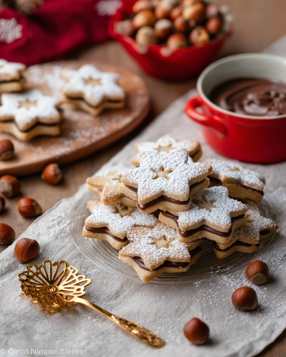 The image features a delightful arrangement of star-shaped cookies dusted with powdered sugar, some of which are sandwiched with a creamy chocolate filling. Surrounding the cookies are whole hazelnuts, hinting at the nutty flavor within. A small red bowl filled with hazelnuts and a smaller cup containing chocolate spread accompany the scene, along with a decorative golden spoon placed on a light-colored cloth. The background is softly blurred, highlighting the cookies as the main focus of this cozy and inviting snack setup. photo taken with an iPhone --ar 4:5 --v 7