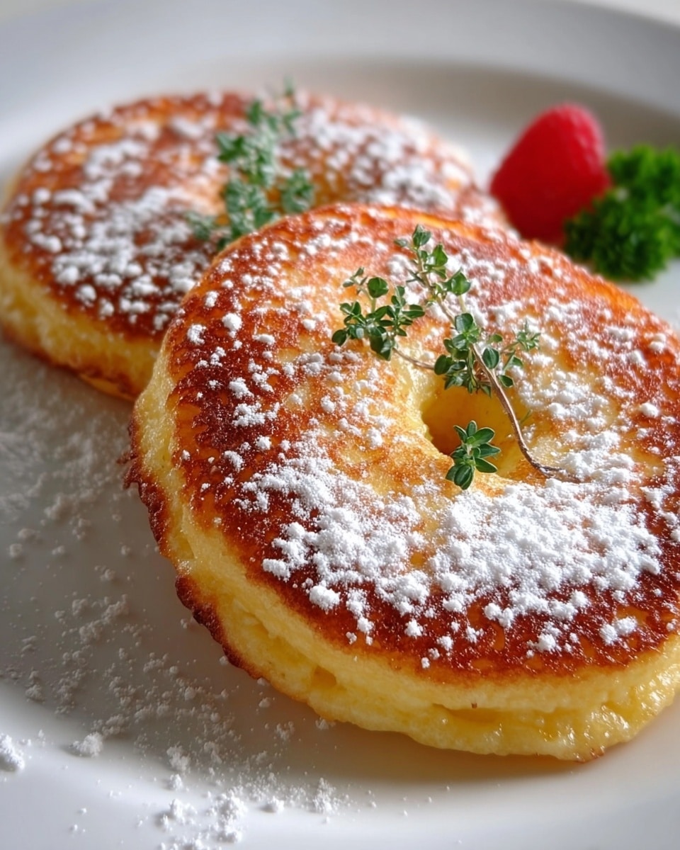 The image showcases two golden-brown pancakes with a hole in the center, resembling doughnuts, dusted generously with powdered sugar. They are garnished with a few small sprigs of fresh herbs, likely mint or thyme, adding a touch of green contrast. In the background, a single red raspberry and a small parsley leaf provide an additional pop of color, enhancing the overall presentation. The pancakes appear fluffy and slightly crisp around the edges, served on a simple white plate that brings focus to the food. photo taken with an iPhone --ar 4:5 --v 7