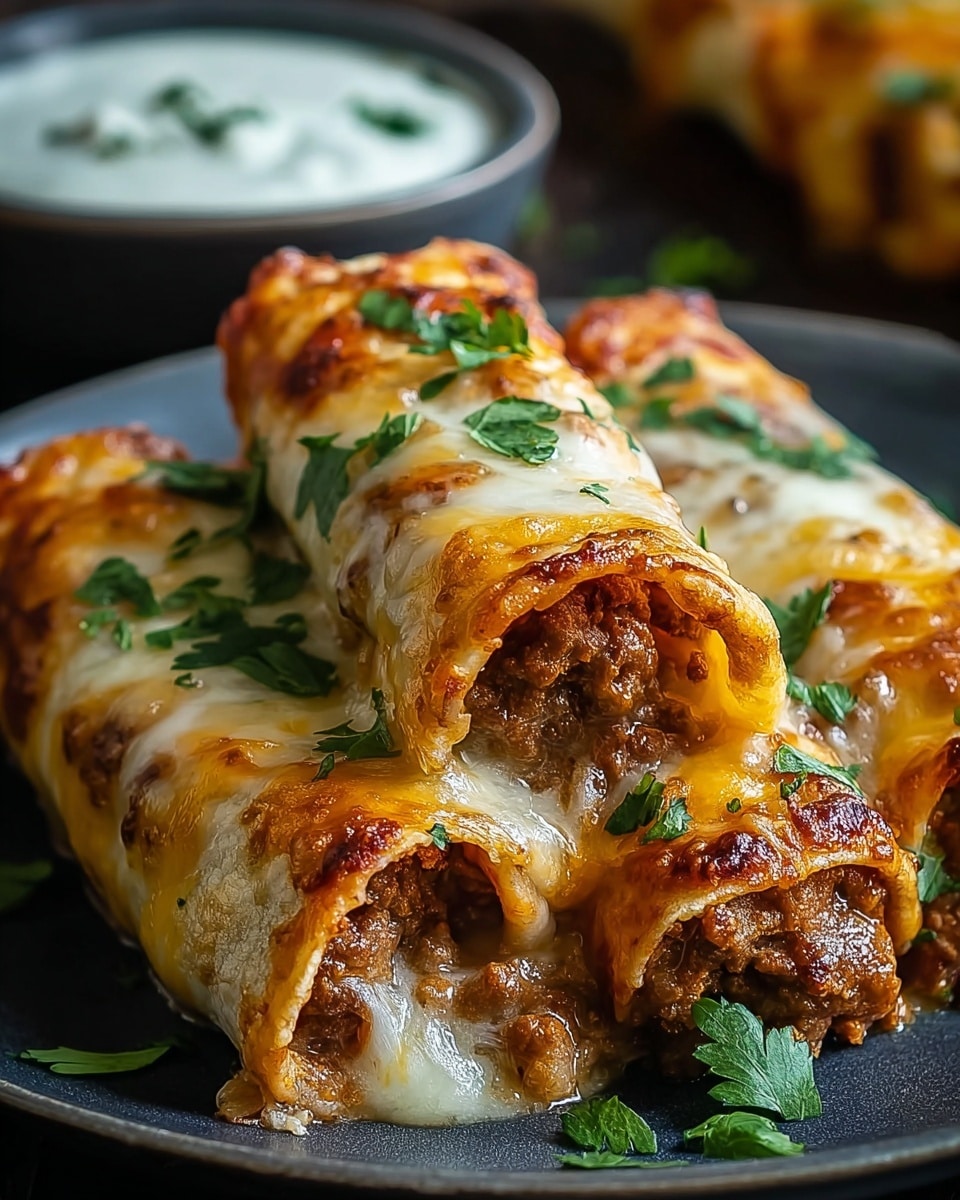 This image features a close-up of deliciously baked enchiladas filled with seasoned ground meat and topped with melted, golden-brown cheese. Fresh cilantro garnishes the top, adding a touch of vibrant green color. The enchiladas appear to be served on a dark plate, accompanied by a bowl of creamy white dipping sauce in the background. The overall presentation highlights the rich texture and savory flavors of this classic Mexican dish. photo taken with an iPhone --ar 4:5 --v 7