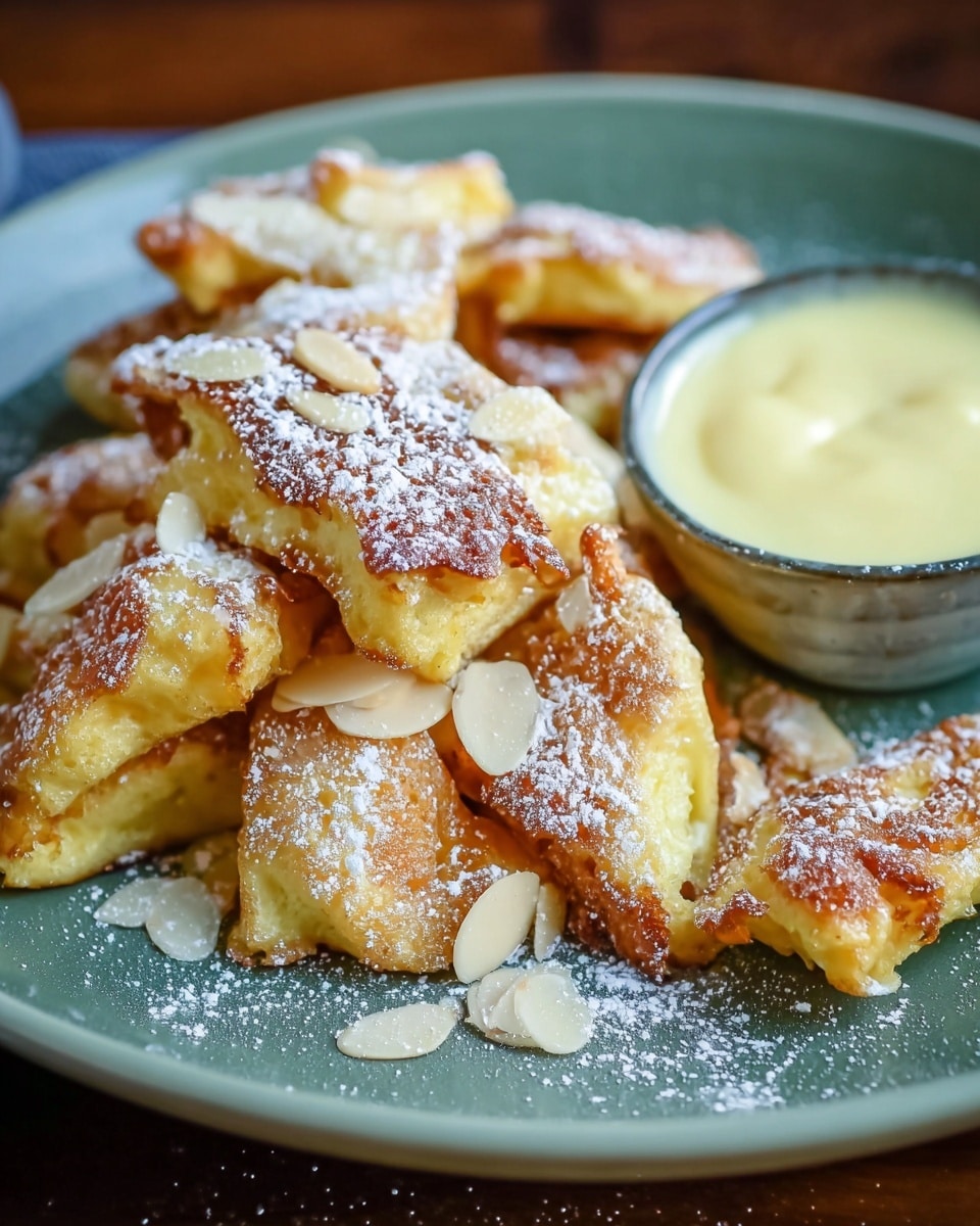 The image features a plate of fluffy, golden-brown Kaiserschmarrn, an Austrian shredded pancake dessert, garnished with a dusting of powdered sugar and slivered almonds. The lightly crispy edges and tender interior pieces are arranged casually on a muted green plate, accompanied by a small bowl of creamy vanilla sauce or custard for dipping or drizzling. The warm tones and close-up composition highlight the texture and inviting appearance of this traditional sweet dish. photo taken with an iPhone --ar 4:5 --v 7