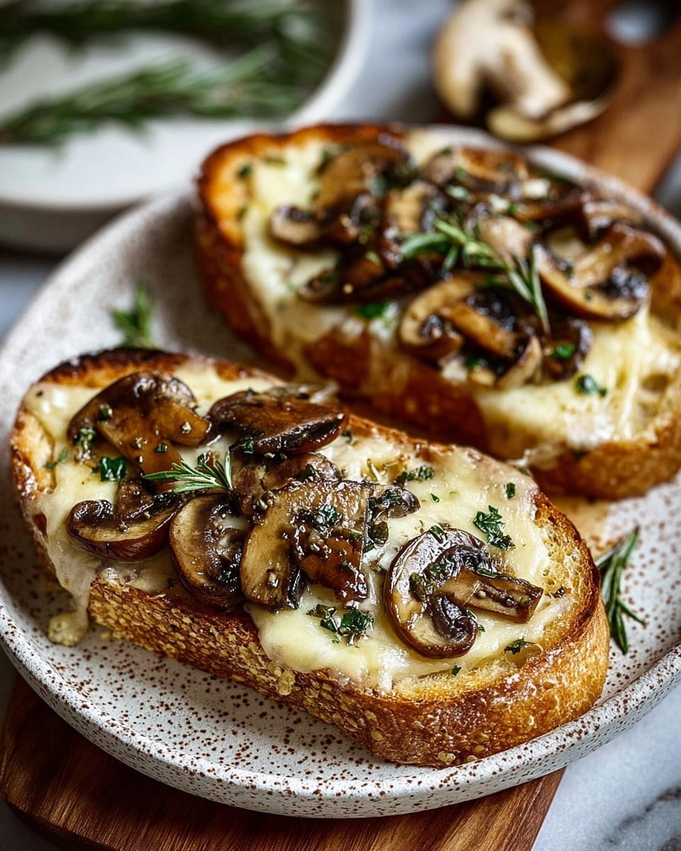 This image features two slices of toasted rustic bread topped with melted cheese and sautéed mushrooms, garnished with fresh herbs, likely rosemary and chives. The bread looks perfectly crispy on the edges while remaining soft inside, complementing the creamy, gooey cheese and earthy mushrooms beautifully. The dish is presented on a wooden board, resting on a speckled ceramic plate, adding a touch of rustic charm to the appetizing arrangement. Photo taken with an iPhone --ar 4:5 --v 7
