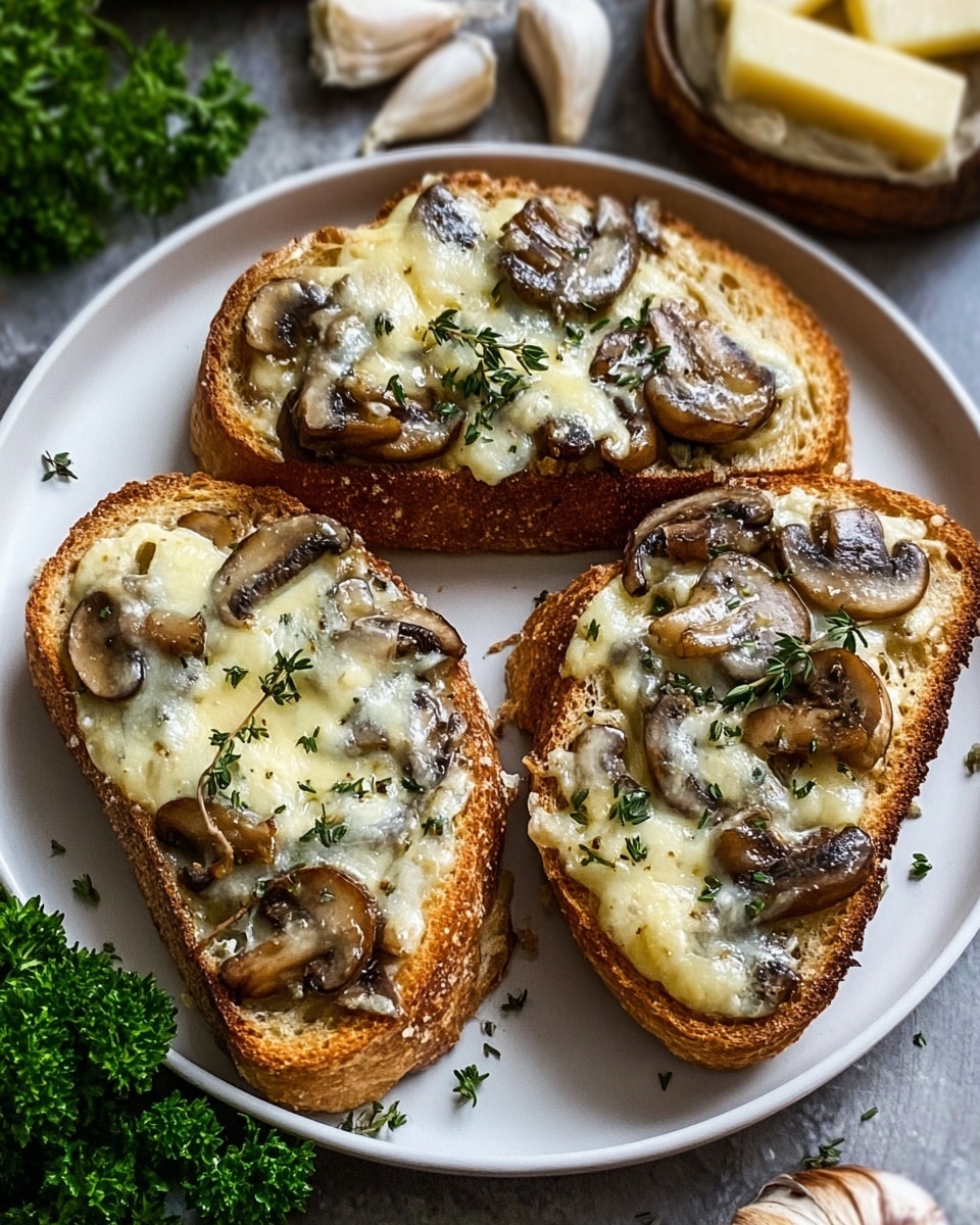 The image showcases three slices of toasted bread generously topped with melted cheese and sautéed mushrooms, garnished with fresh herbs like thyme and parsley. The bread appears golden and crisp, providing a perfect base for the creamy, gooey cheese and tender mushrooms. The combination hints at a savory, aromatic flavor profile enhanced by the fresh herb accents. Surrounding the plate are ingredients such as garlic and parsley, suggesting a freshly prepared dish. This rustic and appetizing presentation makes it an inviting choice for a warm snack or light meal. photo taken with an iPhone --ar 4:5 --v 7