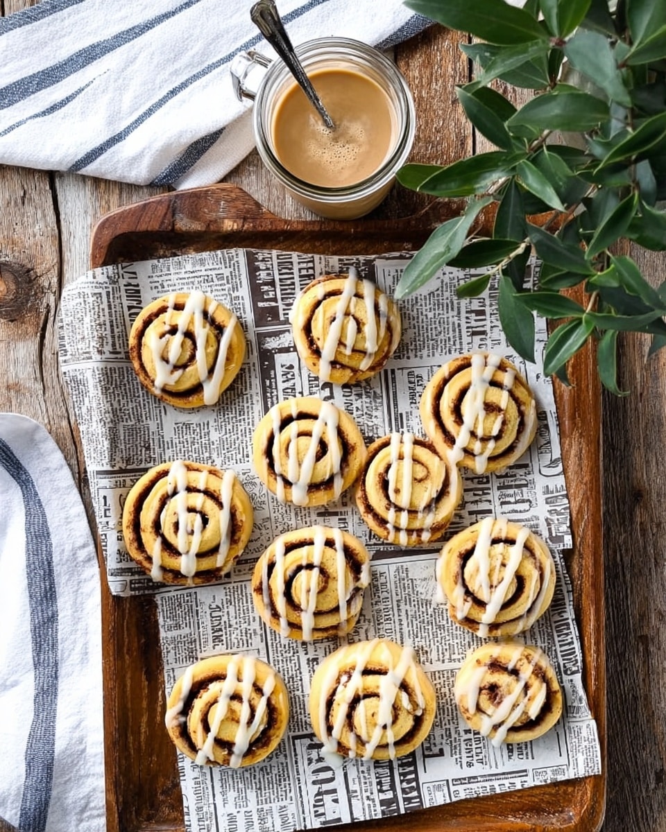The image features a rustic wooden tray lined with vintage newspaper-style parchment paper, showcasing a dozen neatly arranged cinnamon roll cookies. Each cookie is a perfect swirl of golden dough and cinnamon filling, topped with a delicate drizzle of white icing. A small glass jar of frothy coffee or espresso with a silver spoon inside sits above the tray, next to a striped white and blue towel and a sprig of leafy green plant, creating a warm and inviting breakfast or snack scene. Photo taken with an iPhone --ar 4:5 --v 7