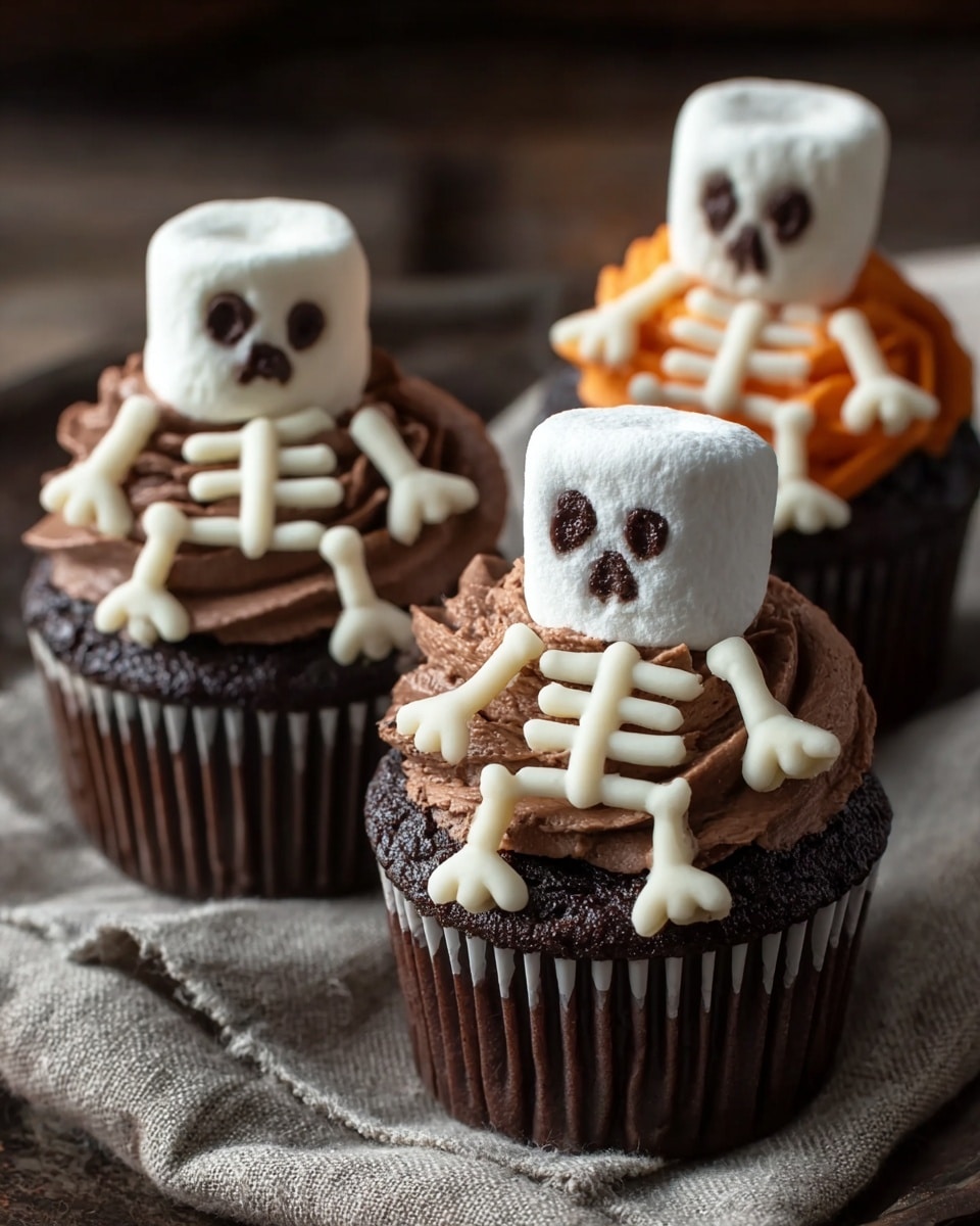 The image showcases three chocolate cupcakes decorated with Halloween-themed skeleton designs. Each cupcake has a swirl of frosting in different colors — brown, beige, and orange — topped with a large marshmallow representing the skull. The skeleton bodies are crafted from white and brown icing or fondant, with details forming ribs, arms, and legs, giving a playful yet spooky vibe perfect for a festive celebration. The cupcakes are arranged on a rustic cloth, enhancing the cozy and creative presentation. photo taken with an iPhone --ar 4:5 --v 7