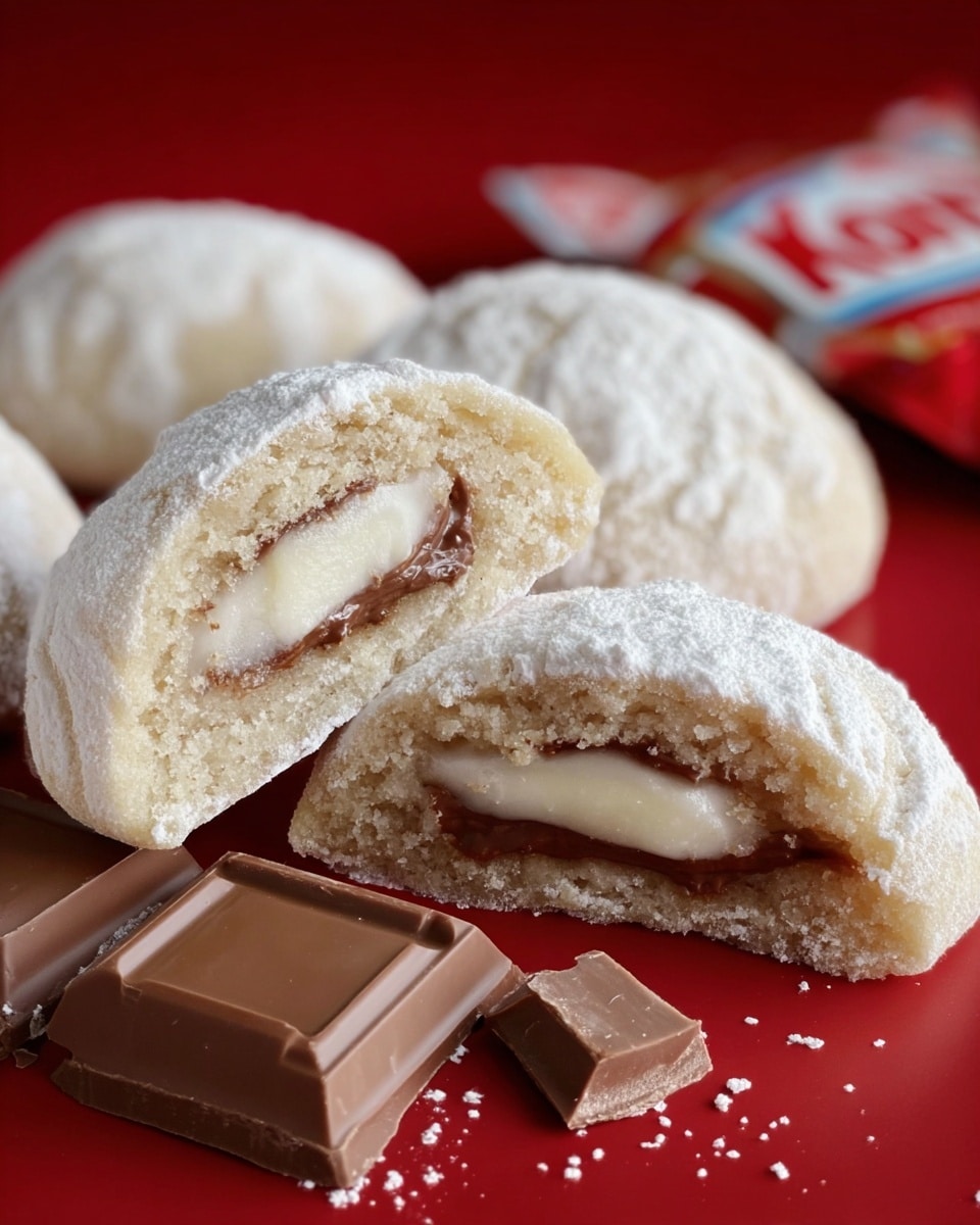 The image shows soft, powdered sugar-covered cookies with a creamy white filling inside. The cookies are displayed on a red surface, some whole and one carefully split in half to reveal the smooth, rich filling inside. In the foreground are pieces of milk chocolate, suggesting a complementary flavor pairing. The overall presentation highlights a delicate and indulgent treat with a contrast between the powdery exterior and the creamy interior. photo taken with an iPhone --ar 4:5 --v 7
