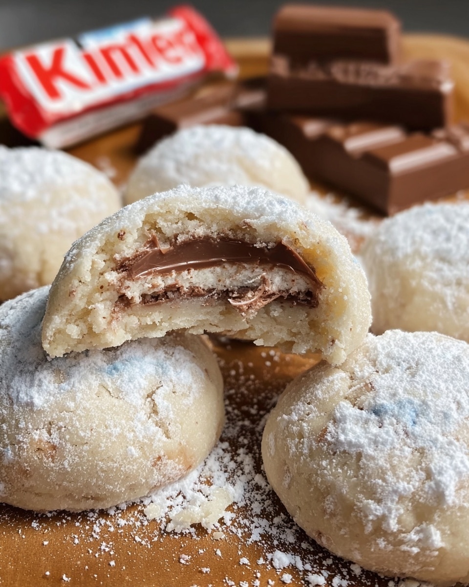 The image shows soft, round cookies dusted lightly with powdered sugar, some of which are broken open to reveal a creamy, chocolate-filled center resembling Kinder Riegel chocolate bars placed in the background. The cookies have a delicate, crumbly texture with a smooth filling that perfectly mirrors the chocolate bar's signature milk and cream layers. The scene presents a deliciously inviting homemade treat that combines the rich flavors of cookie dough and chocolate cream in a single bite. Photo taken with an iPhone --ar 4:5 --v 7