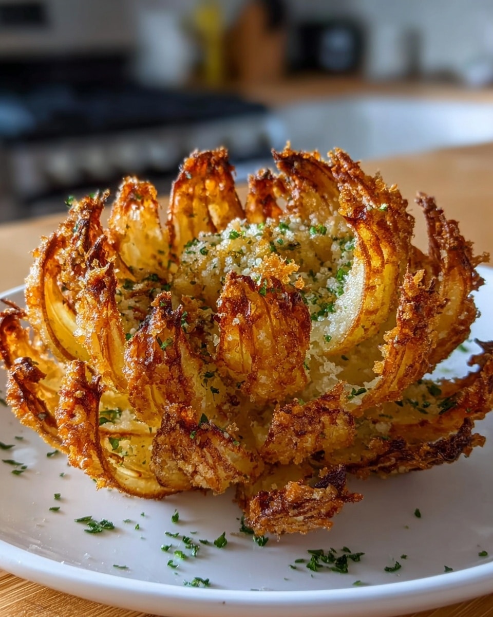 The image shows a perfectly crispy and golden-brown bloom onion served on a white plate. The onion is beautifully fried, with each petal coated in a crunchy batter and sprinkled with finely chopped herbs, likely parsley, adding a touch of green to the dish. The texture looks invitingly crunchy on the outside while maintaining the tender onion layers inside, making it an appetizing appetizer or snack. The background features a kitchen setting, slightly blurred, keeping the focus on the bloom onion. photo taken with an iPhone --ar 4:5 --v 7