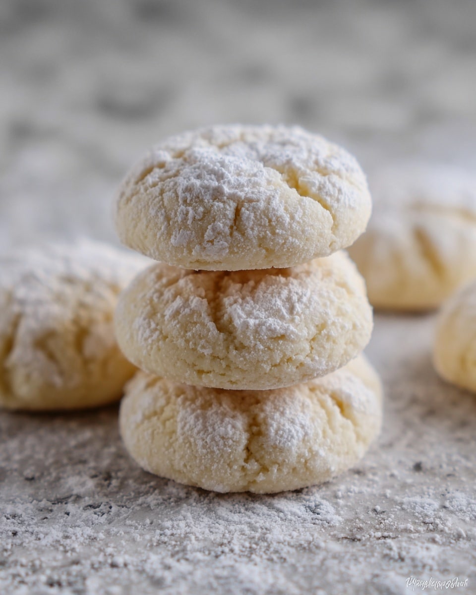 The image features a close-up view of stacks of soft, round cookies with a slightly cracked surface dusted with powdered sugar. The cookies are light in color, suggesting a buttery or shortbread texture, and they rest on a textured, white background that complements their delicate appearance. The arrangement of cookies in small piles adds to the visual appeal, making them look inviting and freshly baked. photo taken with an iPhone --ar 4:5 --v 7