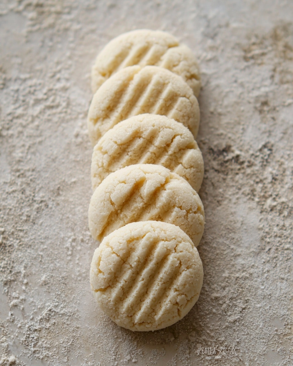 The image features a neat row of six round, soft-looking shortbread cookies placed on a textured surface. Each cookie has an imprint of fork marks on top, giving them a classic homemade appearance. The cookies have a pale, buttery color and a slightly crumbly texture, suggesting their melt-in-the-mouth quality. The overall presentation exudes a simple and inviting feel, perfect for a cozy treat with tea or coffee. photo taken with an iPhone --ar 4:5 --v 7