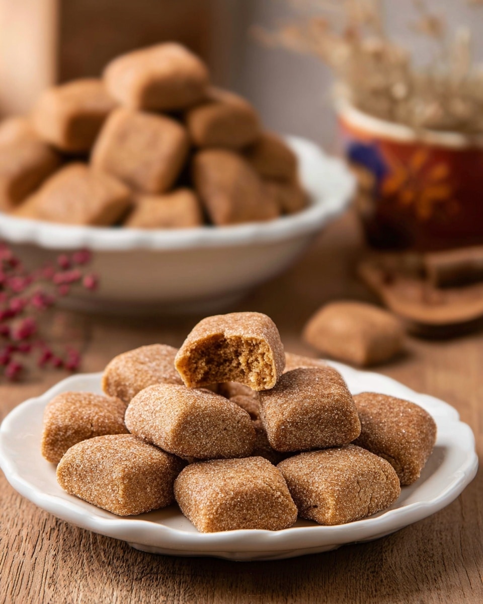 The image shows a close-up of small, bite-sized brown square cookies arranged neatly on a white plate and some more placed in a bowl in the background. The cookies have a slightly rough texture and appear to be coated lightly with sugar or cinnamon. One cookie is broken in the foreground, revealing a soft, crumbly interior. The setting features warm, wooden surfaces and a cozy ambiance that suggests a comforting homemade treat. Photo taken with an iPhone --ar 4:5 --v 7