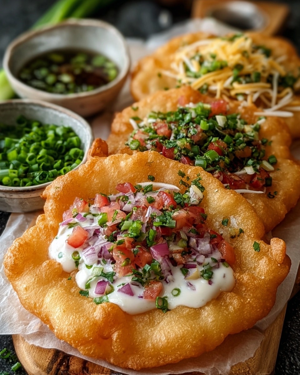 The image showcases a delicious assortment of crispy, golden fried dough bases topped with various fresh ingredients. Each piece features different toppings, including finely chopped green onions, diced tomatoes, red onions, and shredded cheese, giving a colorful and appetizing presentation. The fried dough looks perfectly cooked with a light, airy texture, complemented by the creamy white sauce and herbs that add flavor and freshness. In the background, small bowls contain extra chopped green onions, enhancing the overall visual appeal and hinting at added freshness for serving. photo taken with an iPhone --ar 4:5 --v 7