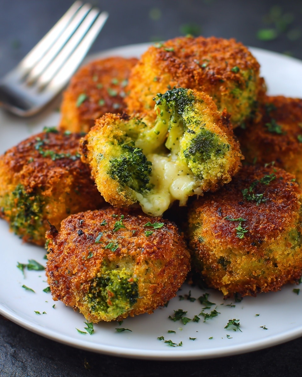This image features a plate of crispy, golden-brown breaded broccoli bites, perfectly fried to showcase a crunchy exterior with tender broccoli and melted cheese inside. The breading appears well-seasoned, with small flecks of herbs sprinkled on top, adding both color and flavor. The vibrant green of the broccoli contrasts beautifully with the rich, toasted coating, making the dish look both appetizing and wholesome. In the background, a fork is placed beside the plate, hinting at a ready-to-eat snack or appetizer. photo taken with an iPhone --ar 4:5 --v 7