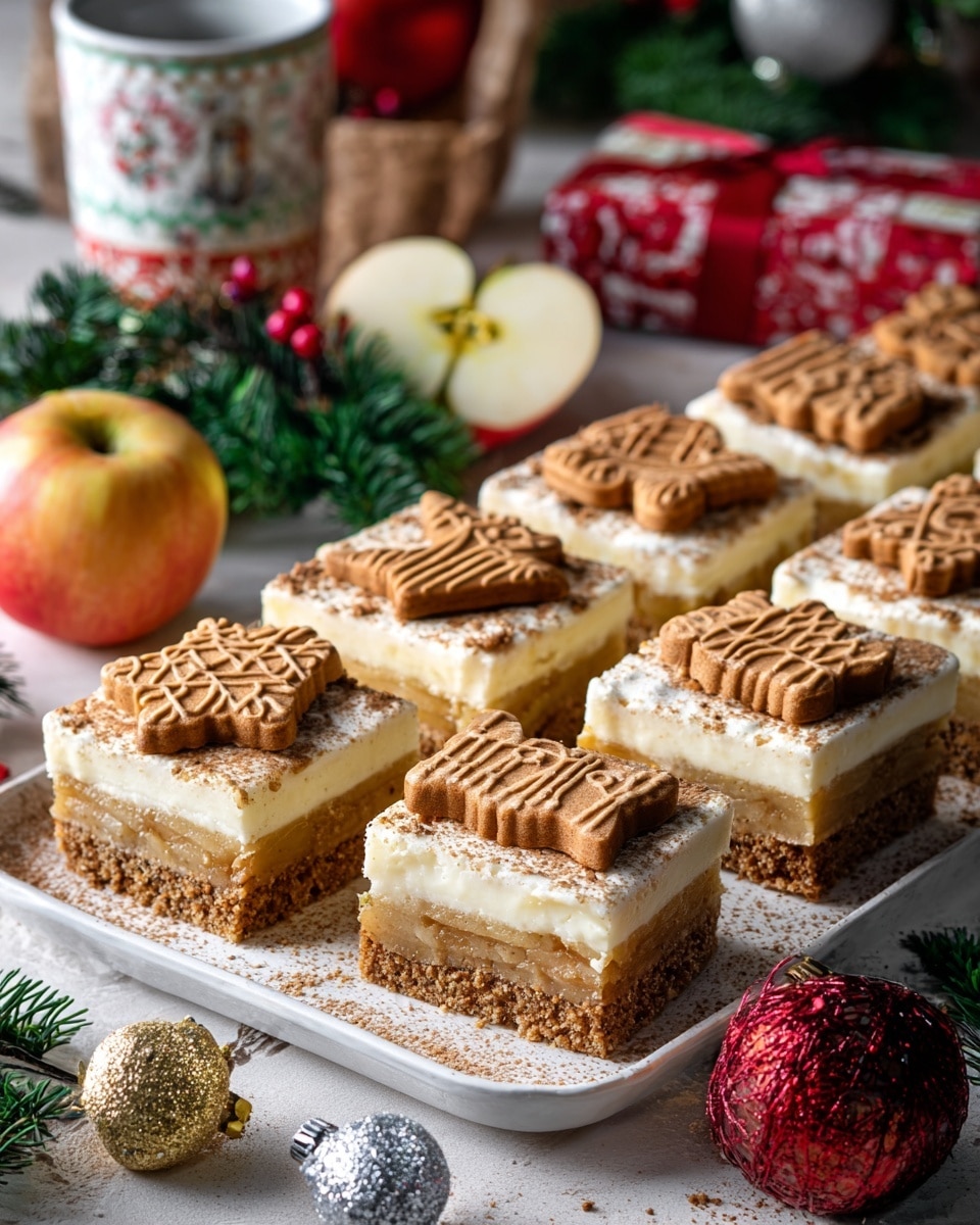 This image showcases a festive tray of dessert bars featuring a soft, creamy layer atop a golden apple filling, all resting on a crumbly crust. Each square is topped with intricately patterned gingerbread cookies, enhancing both the texture and holiday appeal. The scene is set with vibrant greenery, a halved apple, and Christmas ornaments, adding a cozy and seasonal atmosphere. The background includes a wrapped gift and a mug, further emphasizing the warm, celebratory setting. Photo taken with an iPhone --ar 4:5 --v 7