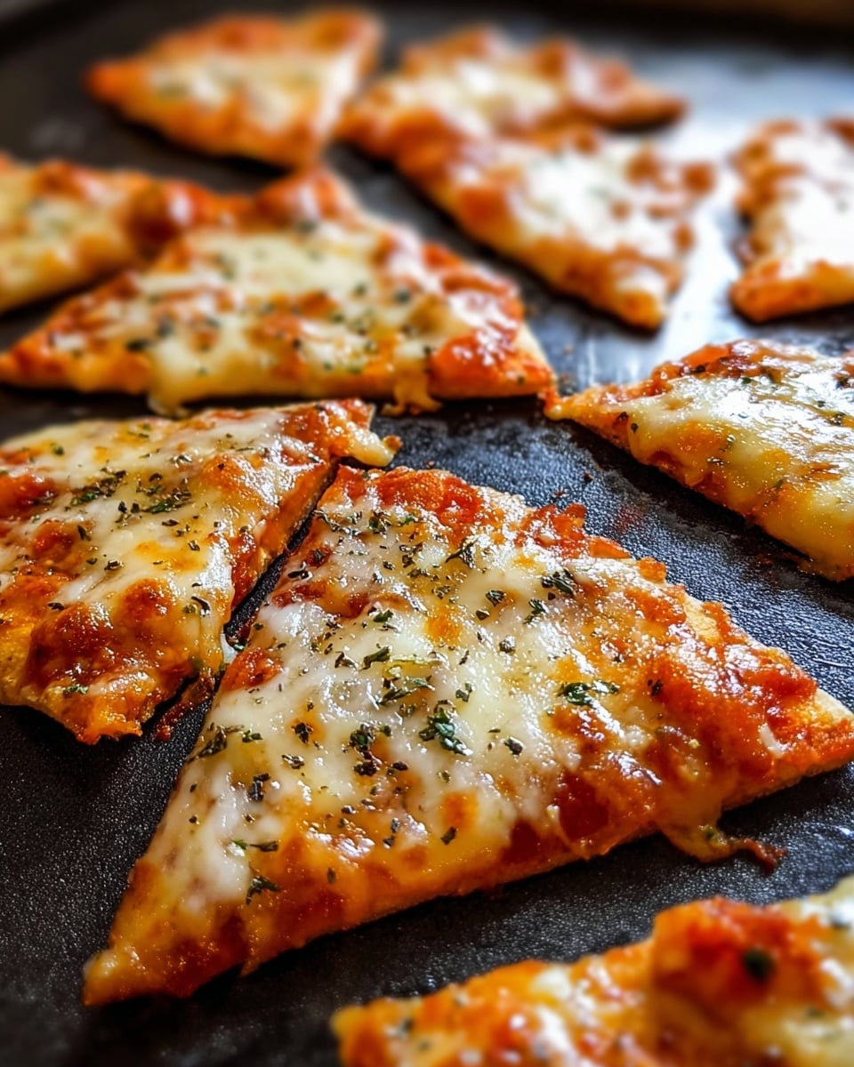 This image shows several slices of cheesy pizza scattered on a dark baking tray. The pizza features a thin crust topped with melted cheese that has browned in spots, alongside visible tomato sauce. Sprinkles of herbs and black pepper are scattered across the cheese, enhancing its flavorful appearance. The pizza slices vary slightly in shape and size, lending a casual, homemade vibe to the dish. The warm tones and focus on the cheese highlight the appetizing texture and gooeyness typical of a well-baked pizza. photo taken with an iPhone --ar 4:5 --v 7