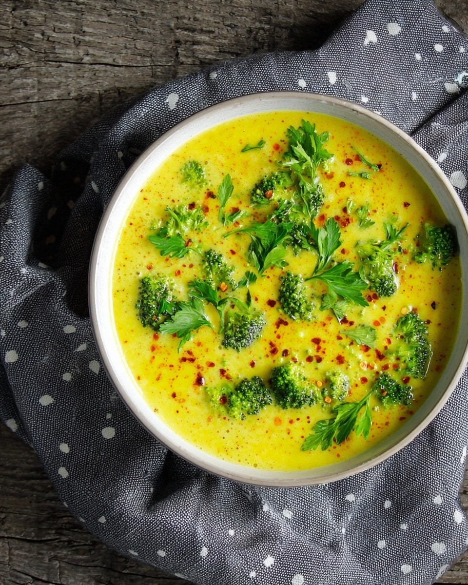 This image shows a vibrant bowl of creamy yellow soup garnished with small broccoli florets and fresh parsley leaves. The soup appears rich and smooth, with a hint of red chili flakes sprinkled on top to add a touch of spice and color. The bowl is placed on a rustic wooden surface with a gray cloth napkin featuring a subtle polka dot pattern draped beside it, enhancing the cozy and inviting presentation of the dish. photo taken with an iPhone --ar 4:5 --v 7