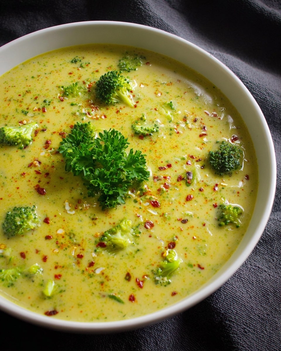 The image shows a creamy broccoli soup served in a white bowl, garnished with small broccoli florets, a sprinkle of red pepper flakes, and a fresh sprig of parsley in the center. The soup has a rich, yellow-green color and a smooth texture, suggesting a blend of pureed broccoli and spices. The bowl is placed on a dark fabric surface, highlighting the vibrant colors of the soup and garnish. photo taken with an iPhone --ar 4:5 --v 7