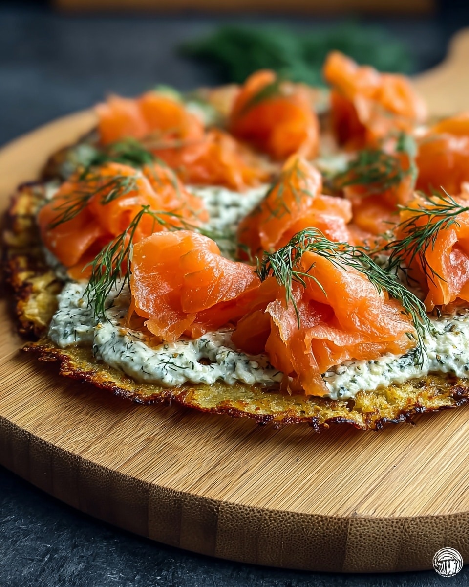 The image showcases a beautifully crafted dish featuring a thin, crispy base topped with a creamy herb spread and generously adorned with slices of fresh smoked salmon. Delicate sprigs of dill are scattered across the top, adding a vibrant green contrast to the rich orange hue of the salmon. The wooden serving board beneath adds a rustic touch to the presentation, highlighting the freshness and artisanal quality of the ingredients. This elegant and inviting seafood dish is perfectly suited for a gourmet appetizer or light meal. photo taken with an iPhone --ar 4:5 --v 7
