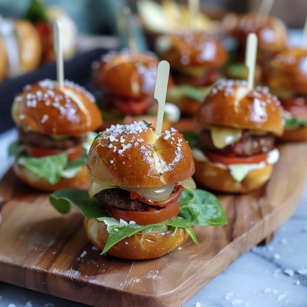 The image features several mini pretzel sliders arranged on a wooden serving board. Each slider consists of a soft, golden-brown pretzel bun topped with coarse salt granules, a slice of tomato, a piece of lettuce, and a juicy-looking patty. Small wooden toothpicks pierce through the tops of the buns, holding the sliders together neatly. The presentation is inviting and perfect for a casual gathering or party. photo taken with an iPhone --ar 4:5 --v 7
