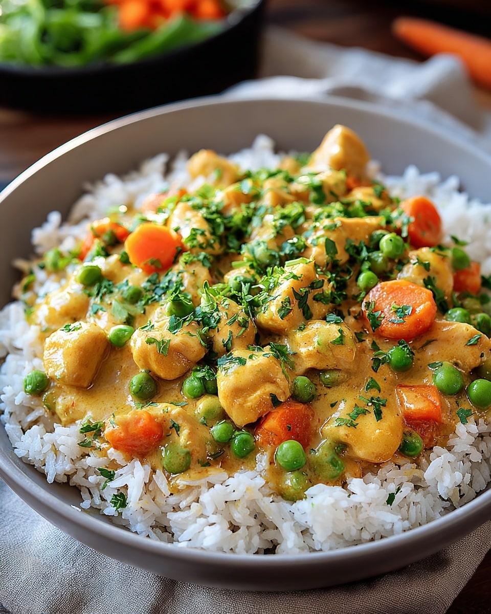This image showcases a hearty bowl of creamy chicken curry served over fluffy white rice. The curry is rich with tender chunks of chicken, bright green peas, and diced carrots, all coated in a smooth, golden sauce that looks both flavorful and comforting. The dish is garnished generously with freshly chopped herbs, adding a touch of vibrant green that enhances the overall presentation. The bowl is set on a cloth napkin, with a hint of a fresh salad in the background, suggesting a balanced meal. photo taken with an iPhone --ar 4:5 --v 7