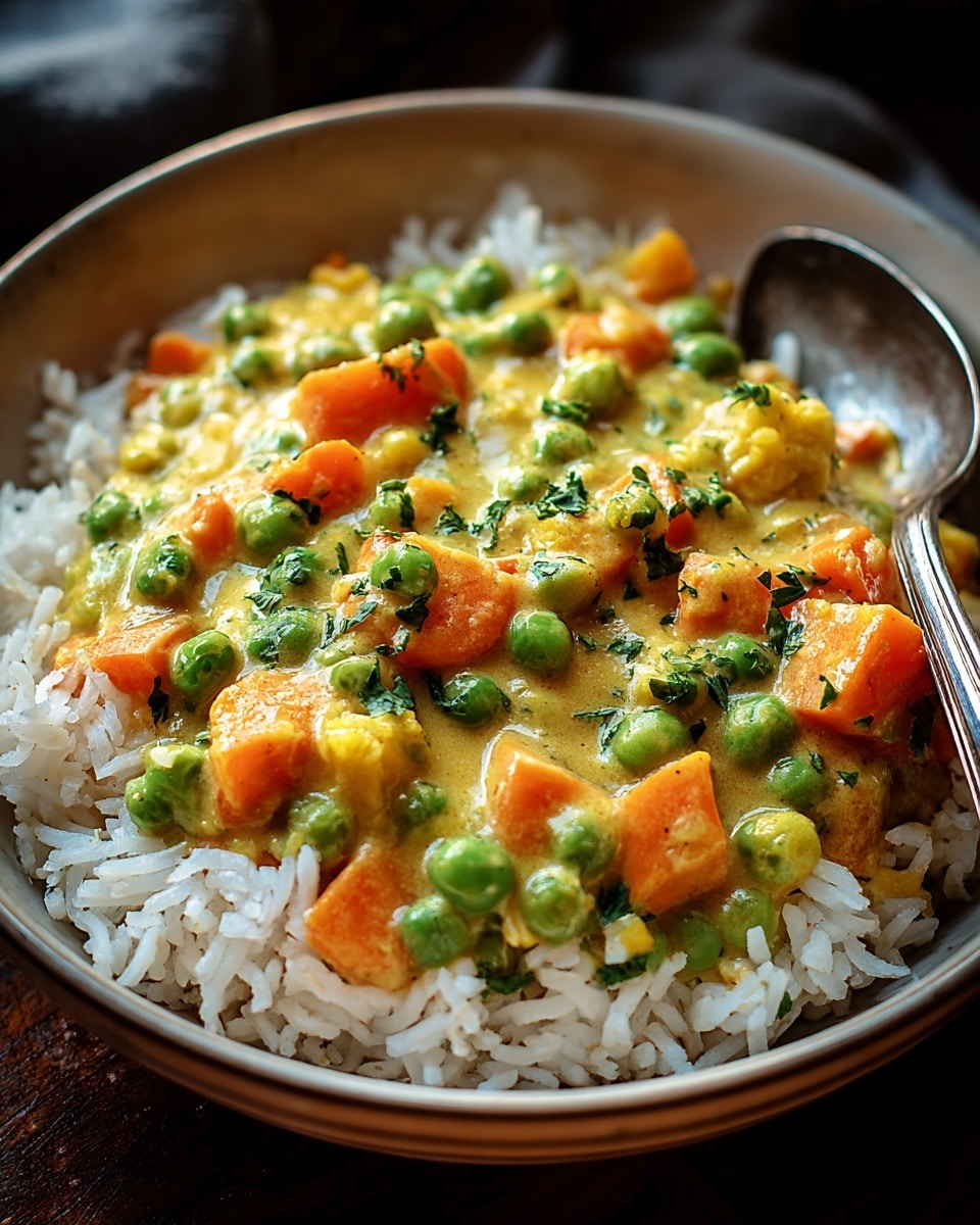 The image showcases a bowl of steaming white rice topped with a creamy vegetable curry that features vibrant green peas and orange carrot chunks. The curry sauce appears rich and well-spiced, garnished with fresh herbs, adding an inviting pop of color and freshness to the dish. The meal is presented in a shallow bowl with a spoon resting on the side, ready to be enjoyed. photo taken with an iPhone --ar 4:5 --v 7
