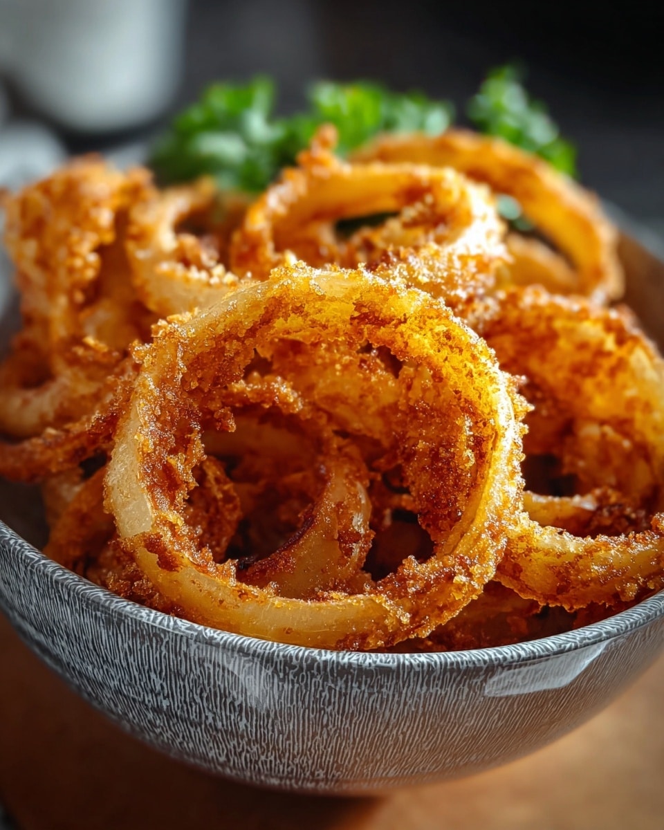 The image shows a bowl filled with golden-brown, crispy fried onion rings that appear perfectly crunchy and well-seasoned. The onion rings have a light, crispy coating that adds texture, and the natural sweetness of the onions is enhanced by the savory frying process. The bowl holding the onion rings is gray with a subtle pattern, and the photo features a close-up, inviting view that highlights the appetizing details of the crispy snack. In the background, there is a hint of green garnish, adding a touch of color contrast to the warm tones of the onions. photo taken with an iPhone --ar 4:5 --v 7