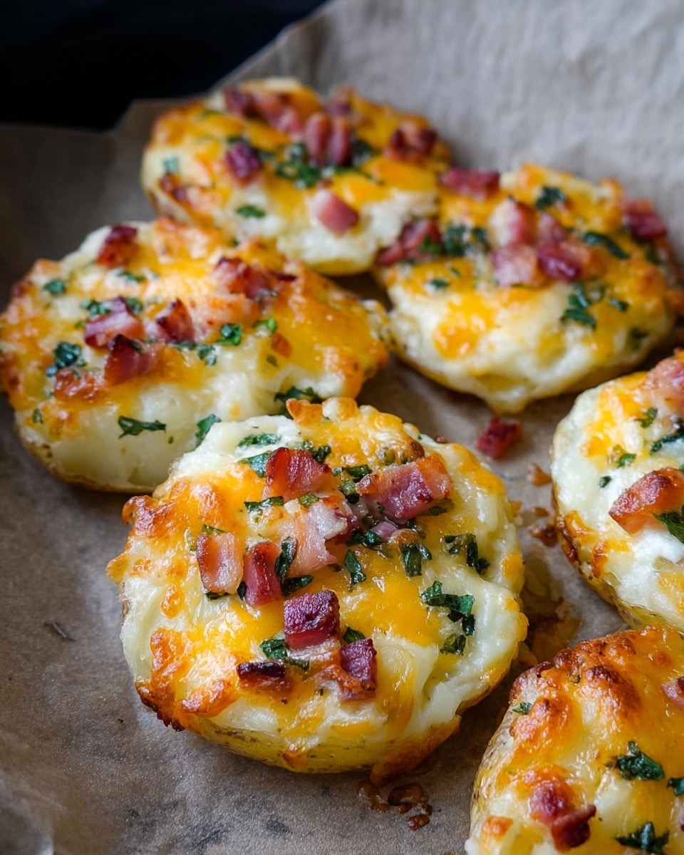 The image showcases delicious mini baked potato bites topped with melted cheddar cheese, finely diced ham, and chopped green herbs. The golden brown cheese is beautifully bubbly and slightly crisp, perfectly complementing the creamy potato base beneath. The bite-sized portions are arranged on parchment paper, making them look like a perfect appetizer or snack that's both hearty and flavorful. Photo taken with an iPhone --ar 4:5 --v 7