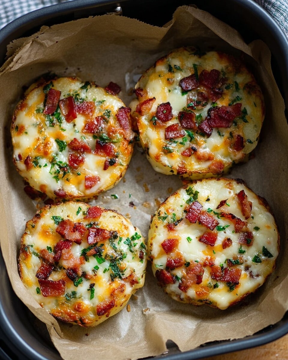 The image shows four small, round, golden-brown potato cakes topped with a generous layer of melted cheese, diced bacon, and chopped green herbs, all cooked to a crispy finish. They are placed neatly on parchment paper inside an air fryer basket, suggesting a homemade and healthy cooking method. The combination of creamy potatoes, savory bacon, and melted cheese creates a delicious and appealing dish, perfect for a snack or appetizer. Photo taken with an iPhone --ar 4:5 --v 7