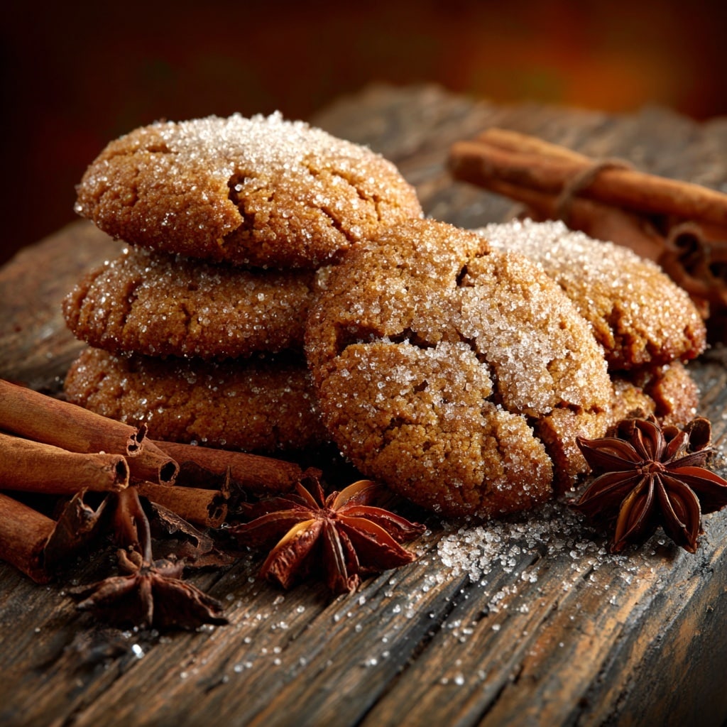 The image showcases a stack of five soft, chewy ginger cookies coated in a sparkling layer of sugar crystals. They are arranged neatly on an orange cloth, with a cinnamon stick and a star anise placed beside them, hinting at the warm spices used in the recipe. The cookies have a slightly cracked surface, emphasizing their tender texture, and the background is softly blurred to keep the focus on the delicious treats. photo taken with an iPhone --ar 4:5 --v 7