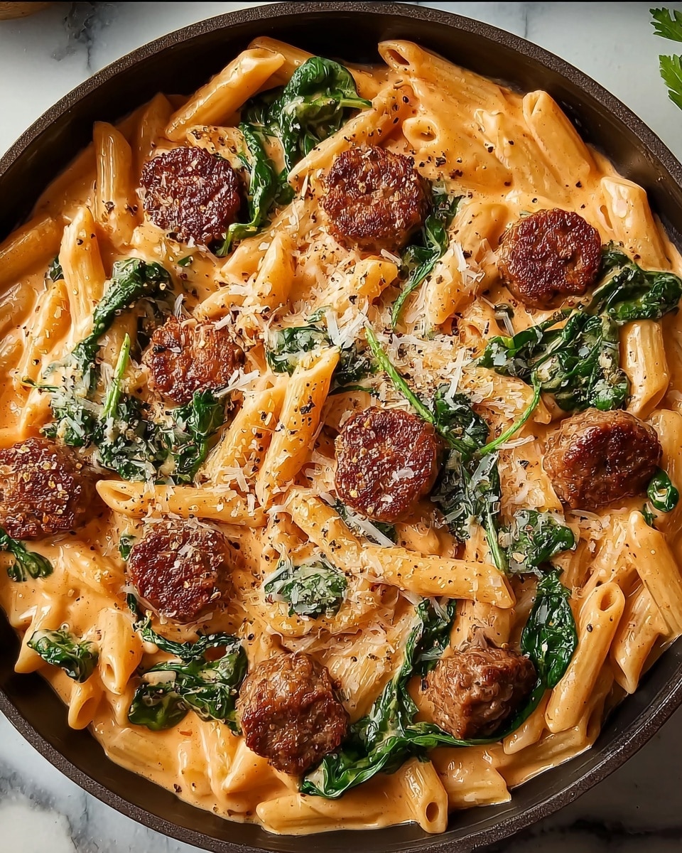 The dish is a creamy pasta served in a dark pan placed on a white marbled surface. The bottom layer is tubular penne pasta coated in a smooth, light orange cream sauce. Scattered on top are browned, round meat slices, each with a crisp texture. Mixed among the pasta and meat are dark green spinach leaves adding a fresh color contrast. The entire dish is sprinkled with finely grated white cheese and small black pepper flakes, giving it a slightly textured look. photo taken with an iphone --ar 4:5 --v 7