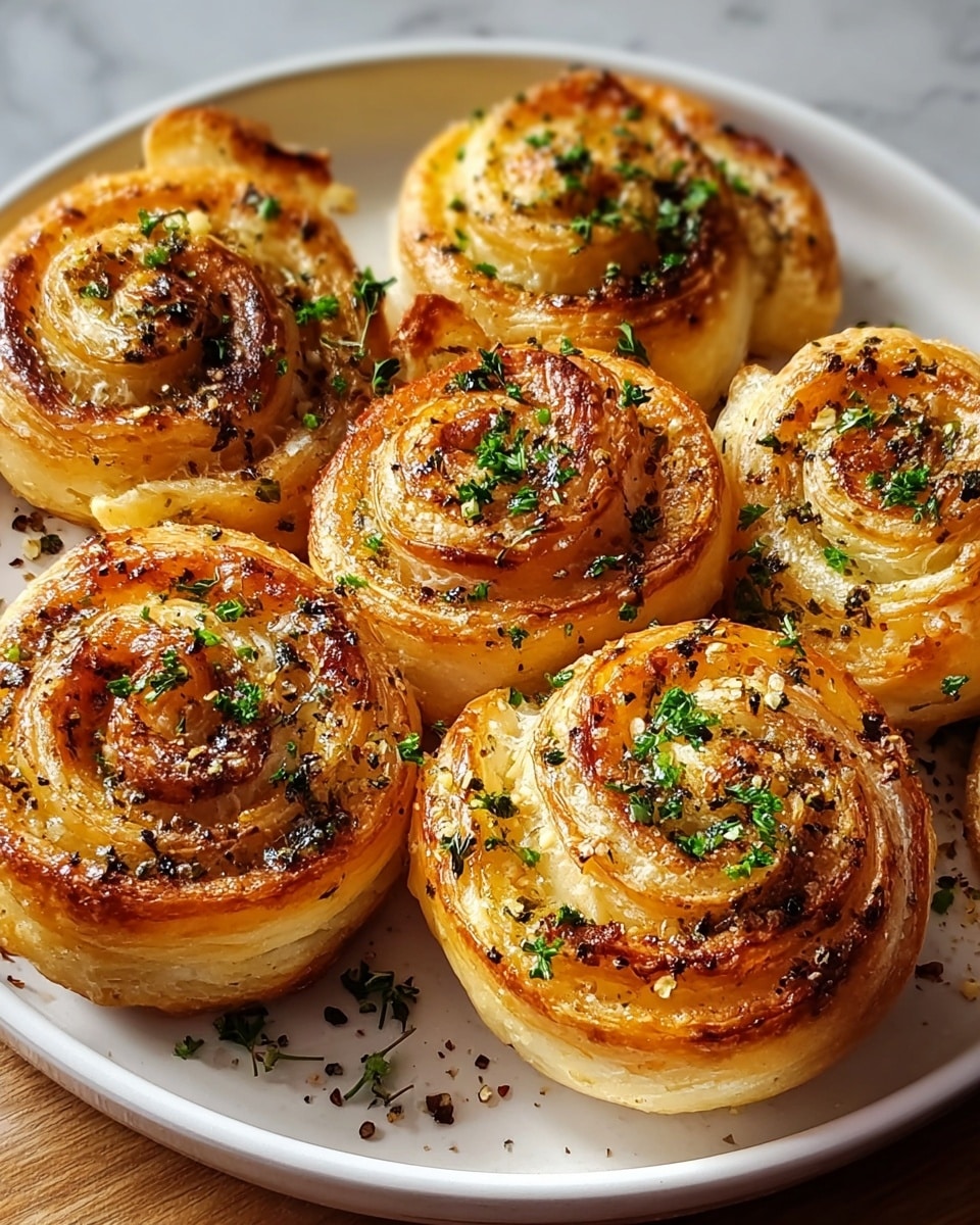 A white round plate holds seven golden brown puff pastry rolls arranged warmly together. Each roll is made of multiple thin, spiral layers of flaky dough that shimmer with a buttery glaze. The tops are sprinkled with finely chopped fresh green herbs and coarse black pepper, adding a touch of color contrast. The edges show slight crispiness with some darker baked spots, and small bits of seasoning are visible on the surface. The plate rests on a white marbled textured surface. Photo taken with an iphone --ar 4:5 --v 7
