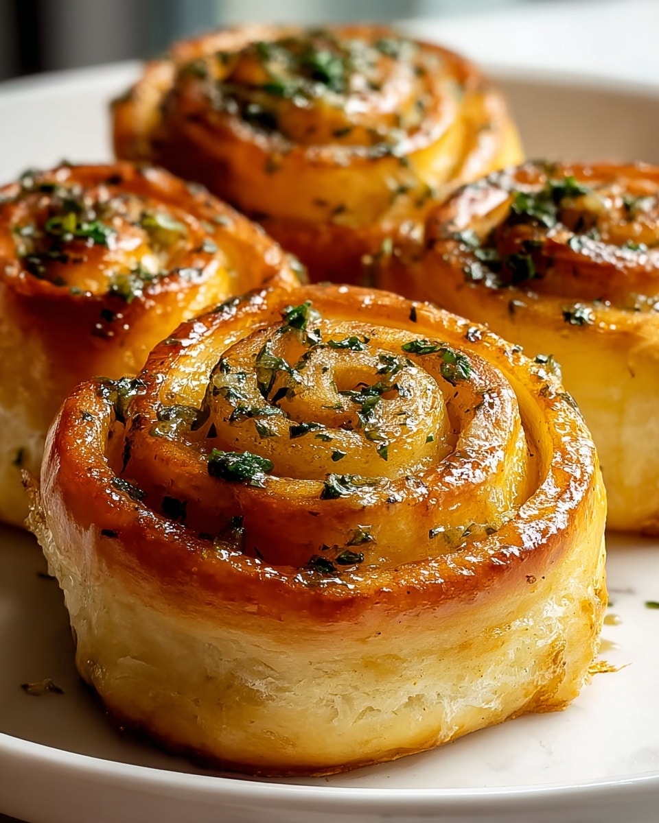 A close-up view of three golden-brown garlic rolls arranged tightly together on a white plate, each roll showing multiple soft, flaky layers of dough spiraled inward with a shiny, buttery surface. Small bits of green herbs are sprinkled on top and inside the swirls, adding a fresh contrast against the warm, caramelized crust. The texture looks crispy on the outside and tender on the inside, with some glistening oil reflecting light. The background shows a soft focus with hints of white marbled texture beneath the plate. photo taken with an iphone --ar 4:5 --v 7