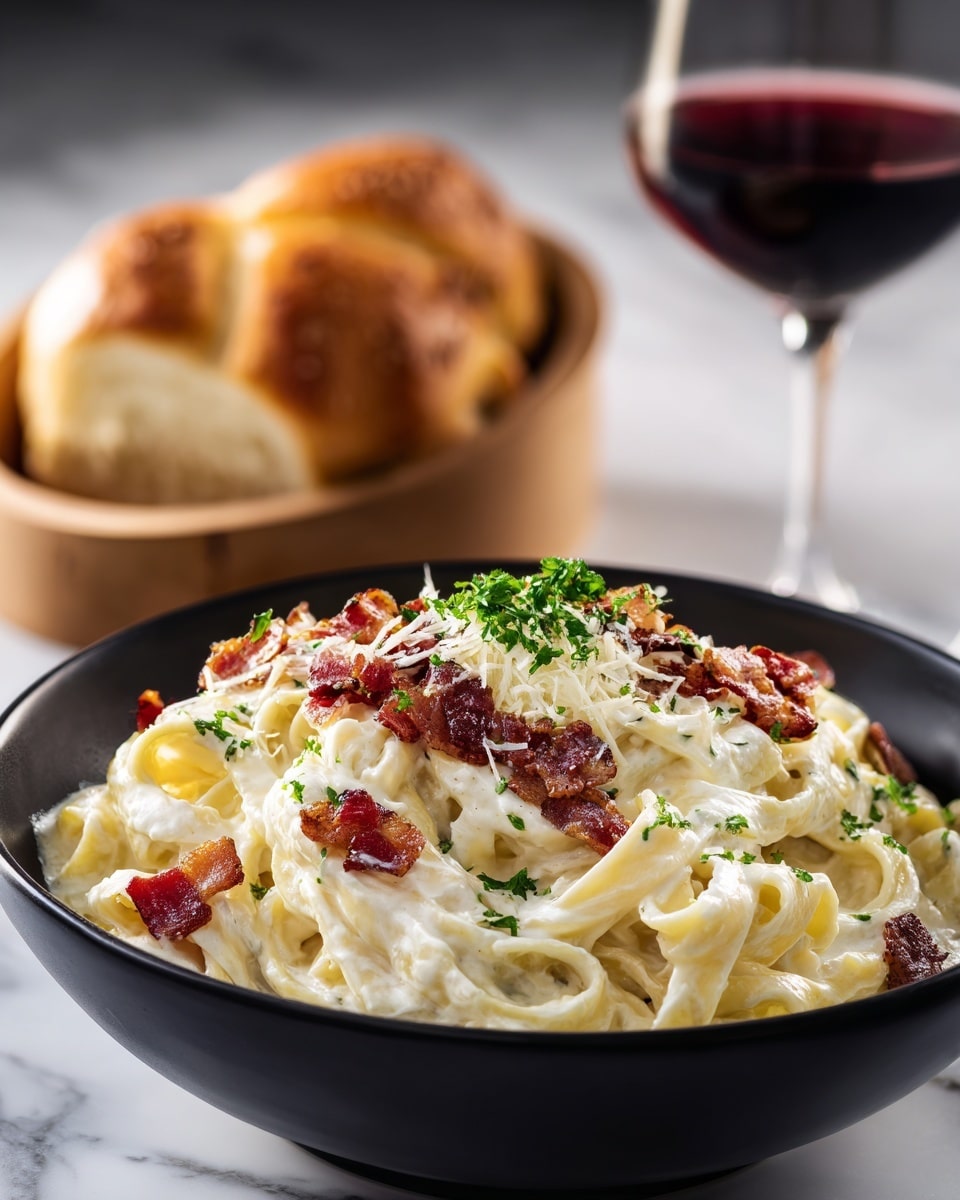 A black bowl holds a creamy pasta dish with thick, lightly yellow noodles covered in a rich, smooth white sauce. On top are small crispy pieces of browned bacon and a sprinkling of grated cheese, with a small cluster of green parsley in the center. The dish has a slight shine from the sauce, and tiny black pepper specks are scattered throughout. In the background, there is a white bowl filled with bread and a glass of dark red wine, all set on a white marbled surface. photo taken with an iphone --ar 4:5 --v 7