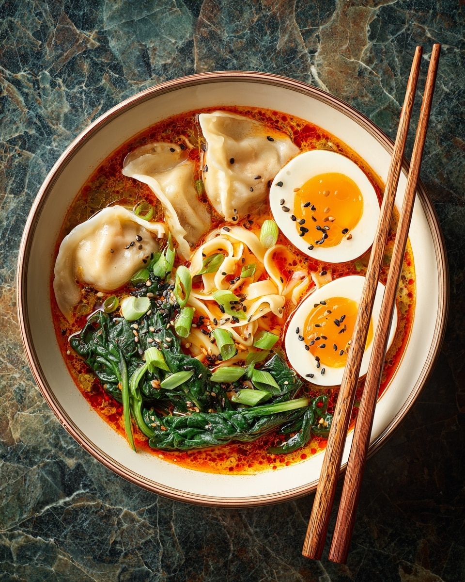 A white bowl with a brown rim holds a vibrant noodle soup with four pale beige dumplings on the left side, their smooth skin slightly shiny. In the middle, tightly packed yellow noodles peek through a rich, reddish-orange broth speckled with chili flakes and oil. On the top right, dark green wilted spinach adds a fresh layer of texture. Two halves of a soft-boiled egg with bright orange yolks and white edges sit next to the spinach, garnished with black sesame seeds and red chili flakes. Scattered green onion slices sprinkle over the noodles and broth, adding brightness to the colors. Wooden chopsticks rest beside the bowl on a white marbled surface. photo taken with an iphone --ar 4:5 --v 7