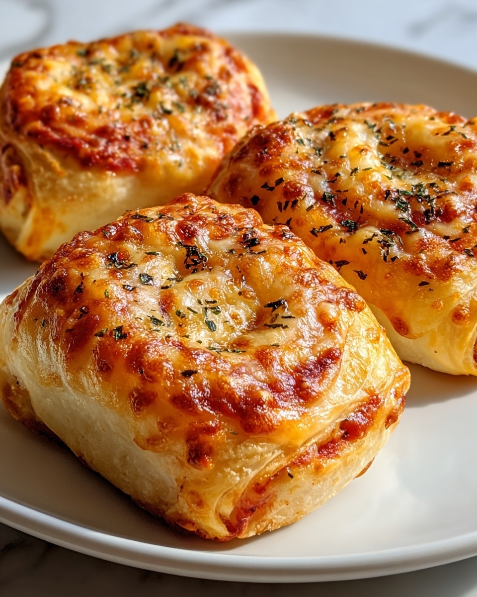 Three golden-brown baked pastry rolls with a shiny, melted cheese layer on top, sprinkled with small green and black dried herbs, sit closely on a white plate. Each roll shows a light, flaky crust base with visible spots of tomato sauce and mozzarella peeking from the sides. The cheese topping has a bubbly, caramelized texture with slightly darker browned spots, giving a crispy look. The rolls are arranged in a close triangular formation, and soft light highlights their warm, inviting textures against a white marbled surface. photo taken with an iphone --ar 4:5 --v 7